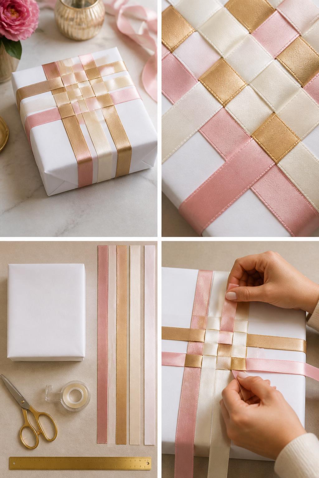 Detailed Image Prompt:
A realistic editorial 2x2 collage grid showing a ribbon weave gift wrap technique, top-left finished gift wrapped in white paper with woven satin ribbons in pink, gold, and cream across the top, top-right close-up of ribbon weave pattern and smooth paper base, bottom-left flat lay of wrapped box, ribbon strips, scissors, tape, and ruler, bottom-right cropped hands weaving ribbon strips over and under each other, elegant gift wrapping craft table, no faces, no text, no watermark on images.