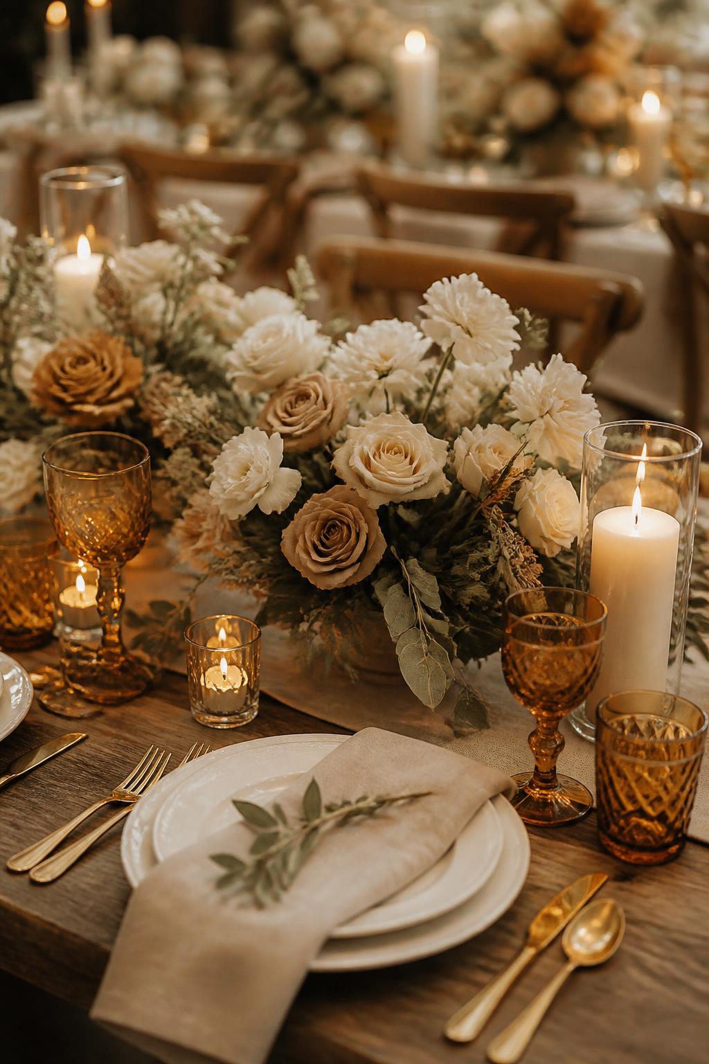 Image Prompt:
A stylish wedding table image showing amber glassware, ivory flowers, beige roses, soft greenery, white plates, linen napkins, gold flatware, and warm candlelight. Elegant reception setting with a warm brown and neutral palette, no visible faces, no text, no watermark, professional DSLR wedding photography, (no watermarks on images)