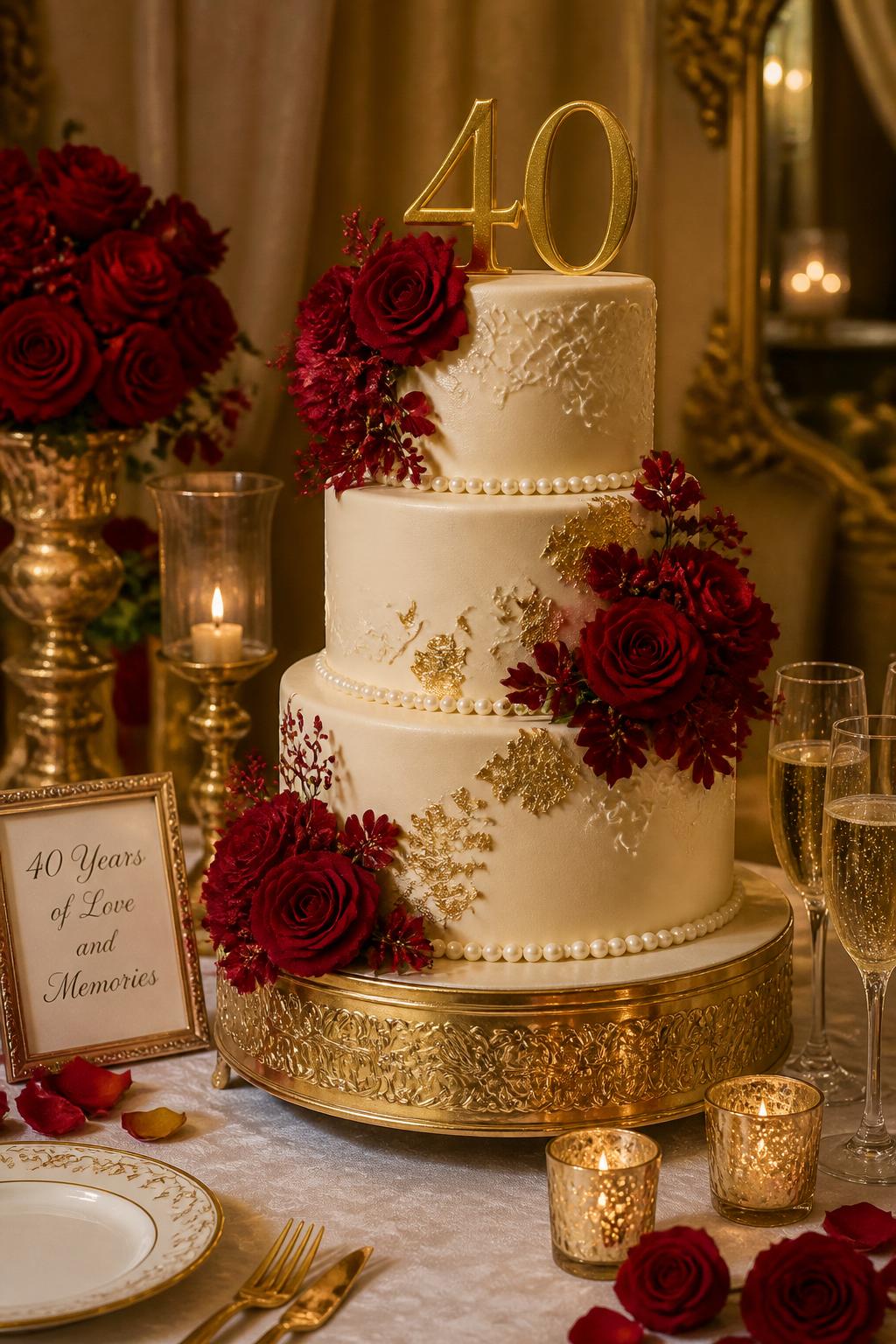 Image Prompt: A grand ruby wedding anniversary cake with three smooth ivory tiers, ruby red floral clusters, edible gold leaf, pearl borders, delicate piping, and a tasteful gold “40” topper. Style it on a formal anniversary dessert table with candles, champagne glasses, white linen, red roses, and warm golden lighting. Make it impressive, romantic, and realistic, no people, no faces, no watermark. (no watermarks on images)