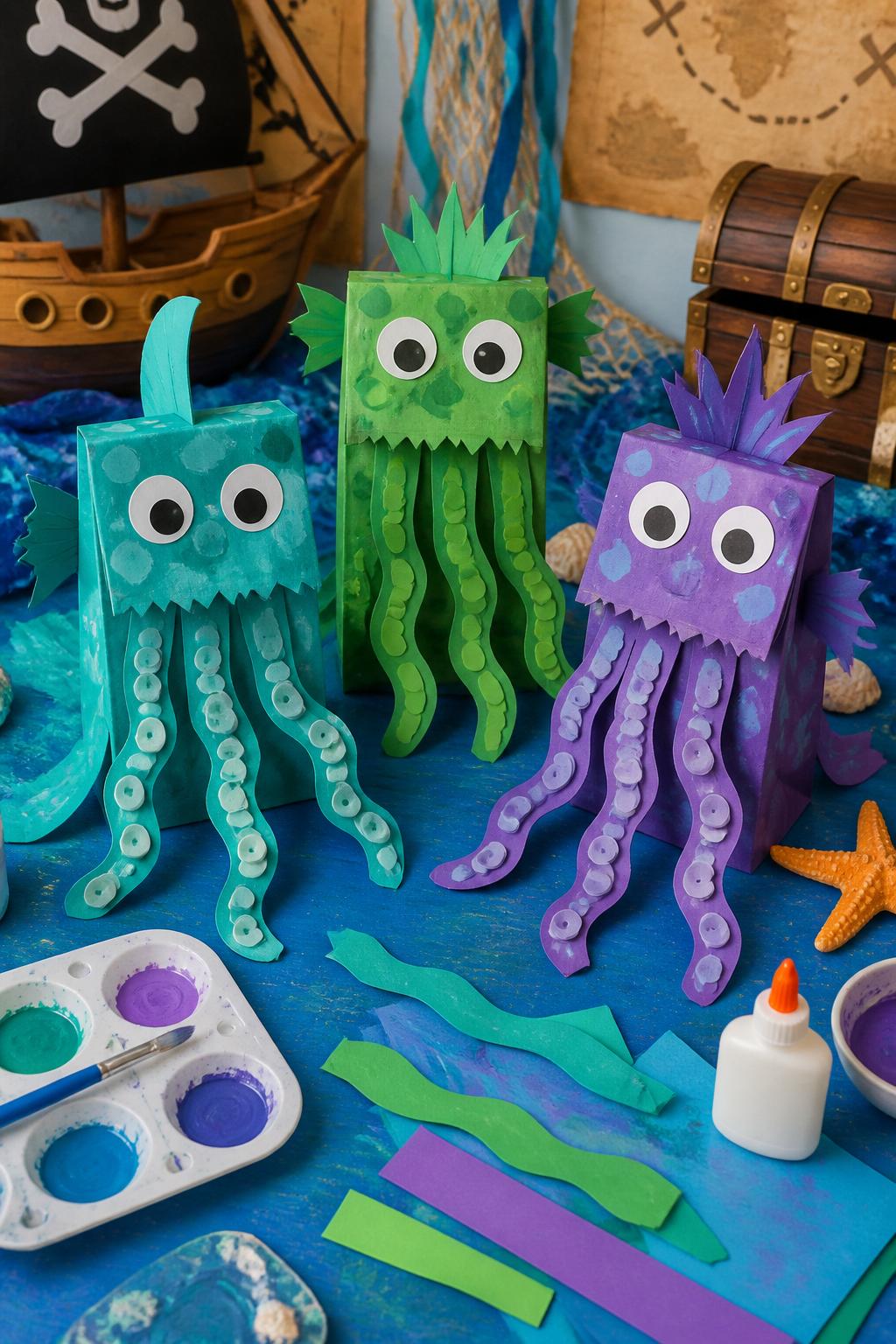 Detailed Image Prompt:
A fun ocean pirate craft photo showing handmade sea monster puppets, paper lunch bags painted teal, green, and purple with paper fins, big friendly eyes, wavy tentacles, and ocean details, arranged on a blue table with paint and glue nearby, adventurous pirate sea creature theme, friendly not scary, no people, no faces, no readable text, no watermark on images.