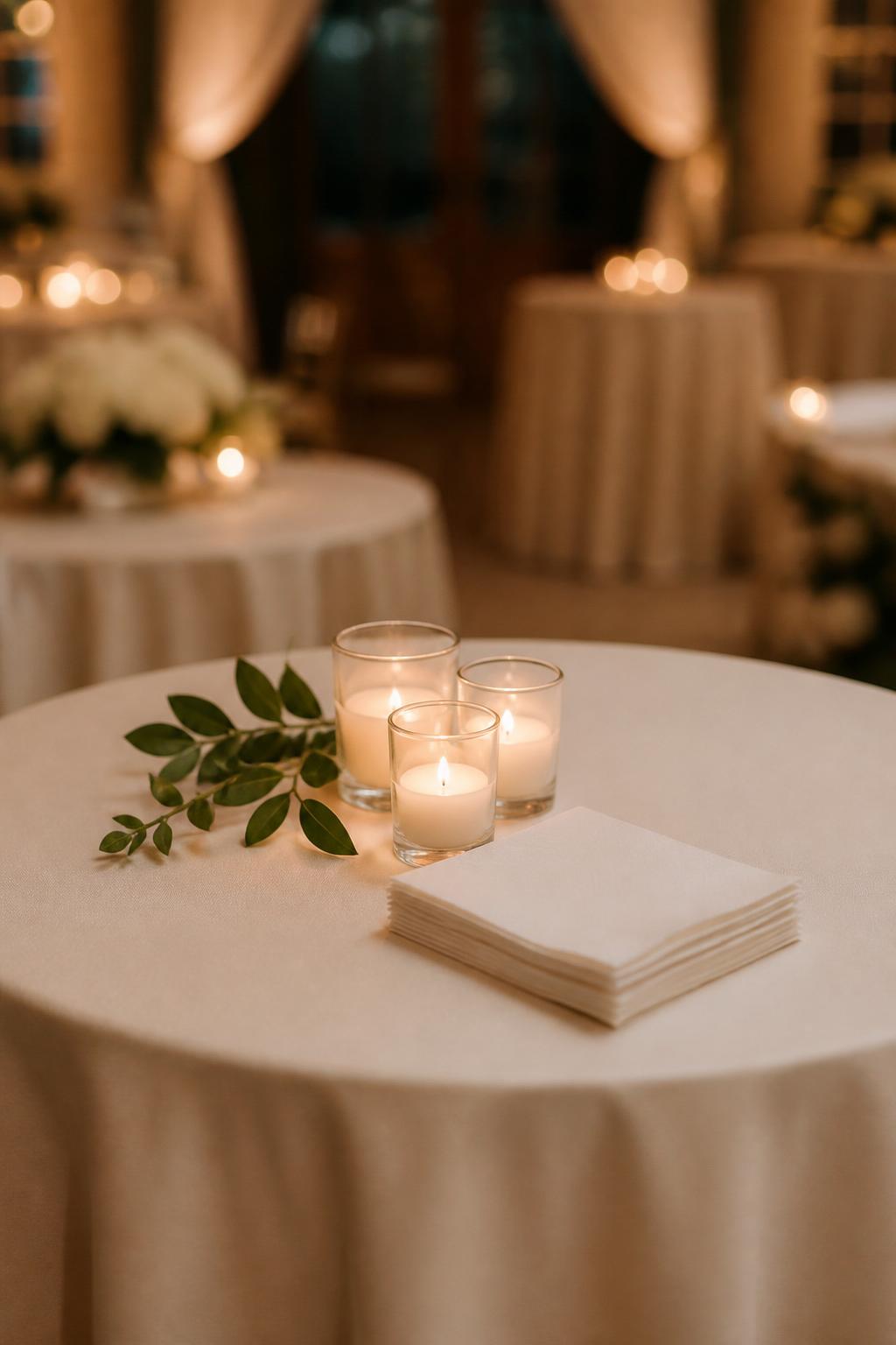 Image Prompt:
A stylish wedding cocktail table photo featuring a small cluster of candles in clear glass votives, a tiny greenery sprig, white cocktail napkins, and a clean neutral tablecloth. The setting is a romantic indoor reception with soft warm lighting, no visible faces, no text, no watermark, realistic editorial wedding photography, (no watermarks on images)