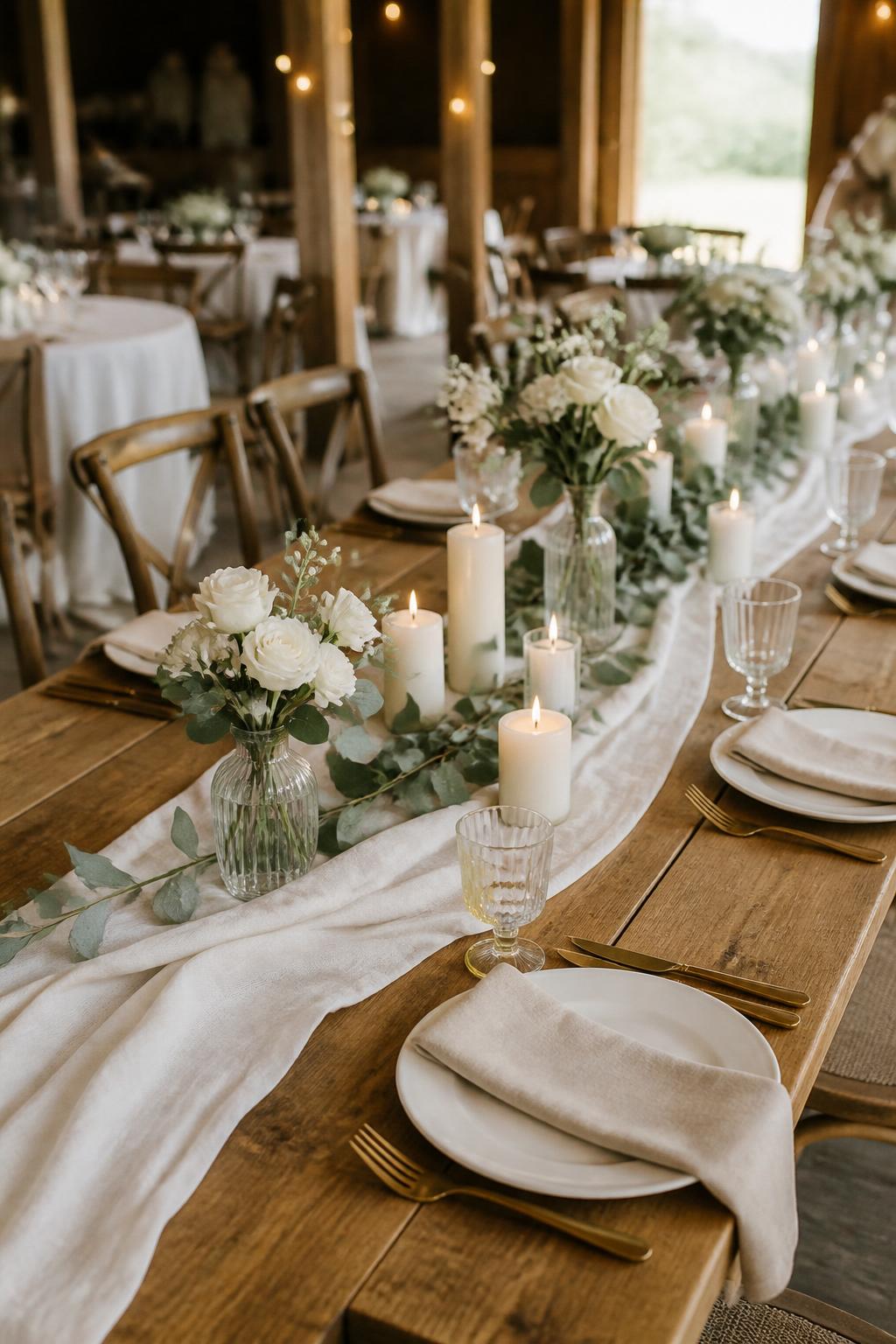 Image Prompt:
A warm editorial wedding reception photo showing a bare wooden rectangle table with a soft ivory linen runner, small white floral arrangements, eucalyptus sprigs, cream pillar candles, ceramic plates, linen napkins, and simple gold flatware. The setting is a rustic barn or countryside venue with warm natural light, no visible faces, no text, no watermark, realistic DSLR photo.