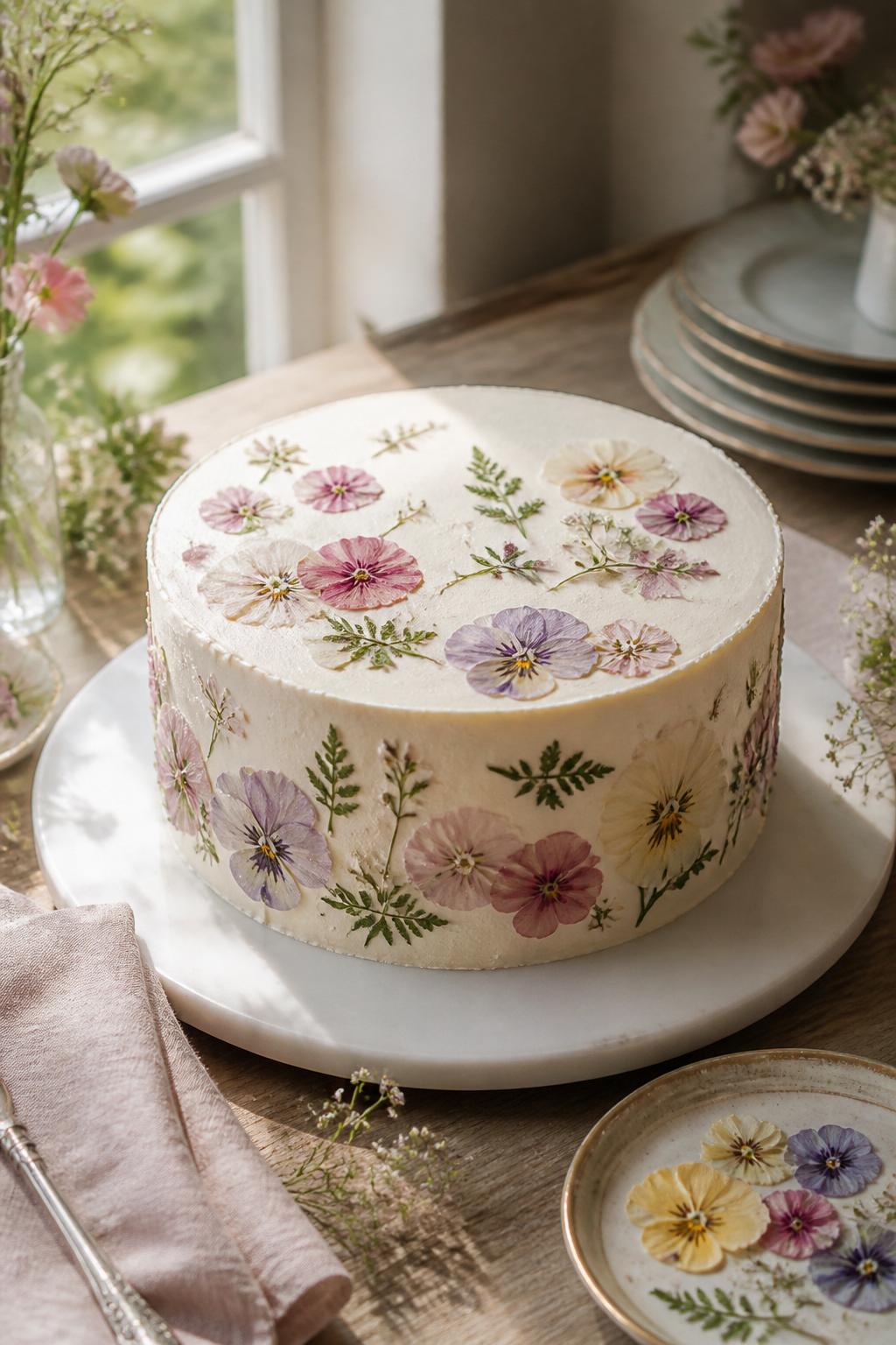 Image Prompt: A romantic pressed flower anniversary cake with smooth buttercream, edible pressed flowers, small greenery pieces, and a soft pastel color palette. Style it on a wooden or stone dessert table with linen napkins, vintage plates, and natural daylight coming through a window. Make the cake look delicate, handmade, and elegant, with realistic floral details, no people, no faces, no text overlay, no watermark. (no watermarks on images)