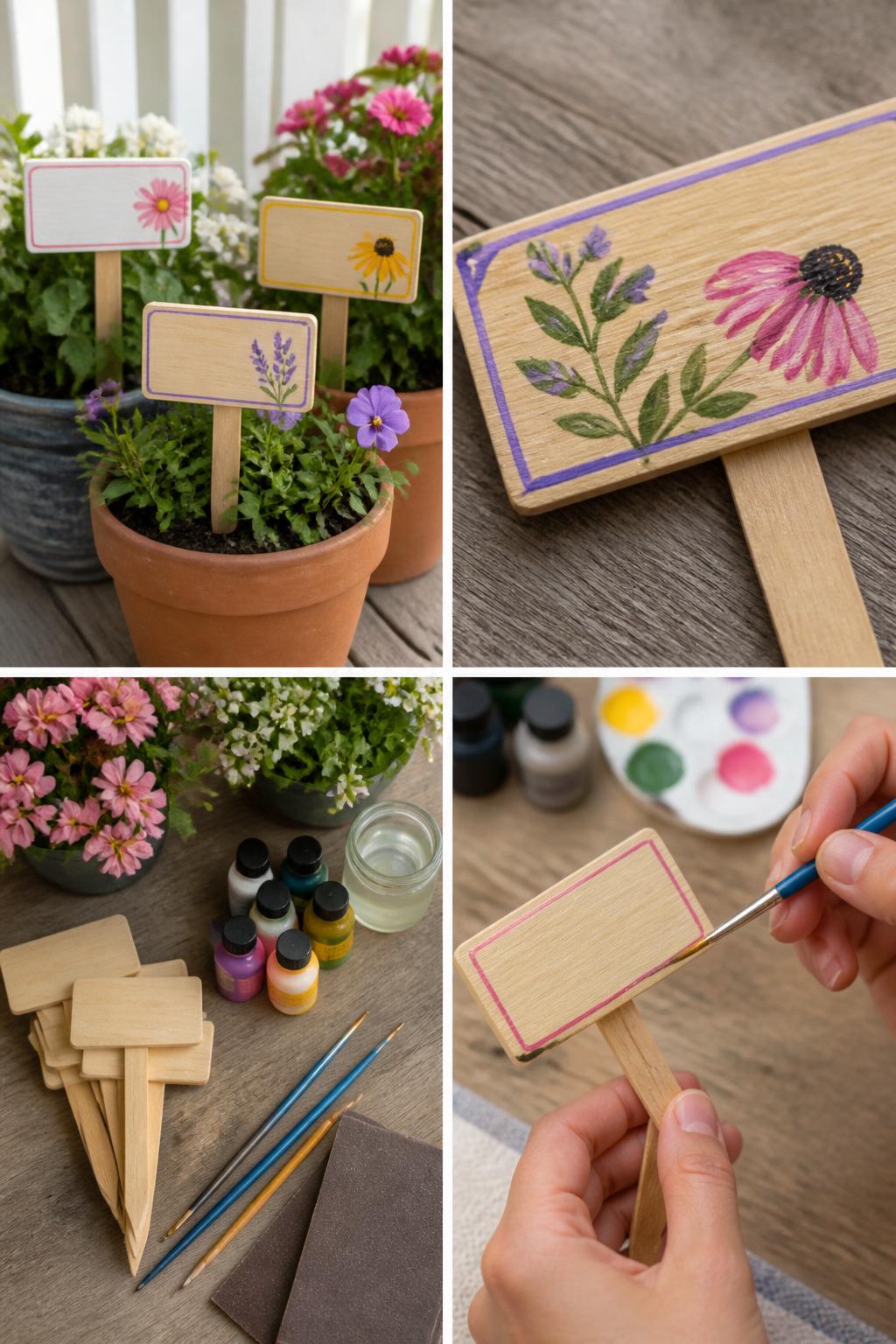 Detailed Image Prompt:
A realistic editorial 2x2 collage grid showing DIY wooden porch planter label signs, top-left finished small wooden labels placed in flower pots with painted floral details and simple color borders, top-right close-up of painted leaf and flower accents on a wood stake, bottom-left flat lay of small wood stakes, outdoor paint, fine brushes, pencil, sandpaper, and clear sealer beside potted flowers, bottom-right cropped hands painting a border on a wooden plant marker, bright porch garden craft styling, no faces, no text, no watermark on images.