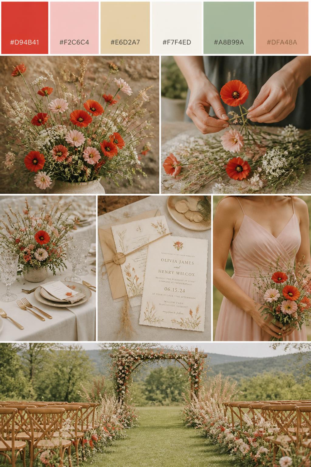 A realistic wedding color palette mood board in a polished Pinterest collage layout. Add a top strip of swatches with small hex codes in red poppy, pale pink, wheat, cream, soft green, and dusty peach. Below, show wildflower wedding details like poppy arrangements, pale pink flowers, dried wheat accents, cream table linens, rustic stationery, hands-only floral arranging, a cropped-from-neck bridesmaid dress image, and a no-people outdoor ceremony setting with wildflowers and grasses. Keep the mood natural, romantic, warm, and slightly rustic with DSLR-style photo quality. 9:16 vertical format. No full faces. (no watermarks on images)