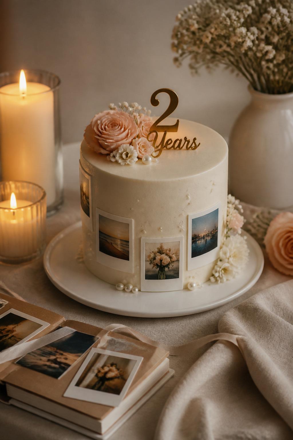 Image Prompt: A small 2 year anniversary cake with smooth ivory buttercream, tiny edible polaroid-style memory frames around the sides, pearl accents, soft blush flowers, and a simple “2 Years” topper. Style it on a table with candles, a small photo album, and neutral linen. Make it tasteful, sentimental, and realistic, with no clear visible faces in the printed images, no people, no watermark. (no watermarks on images)