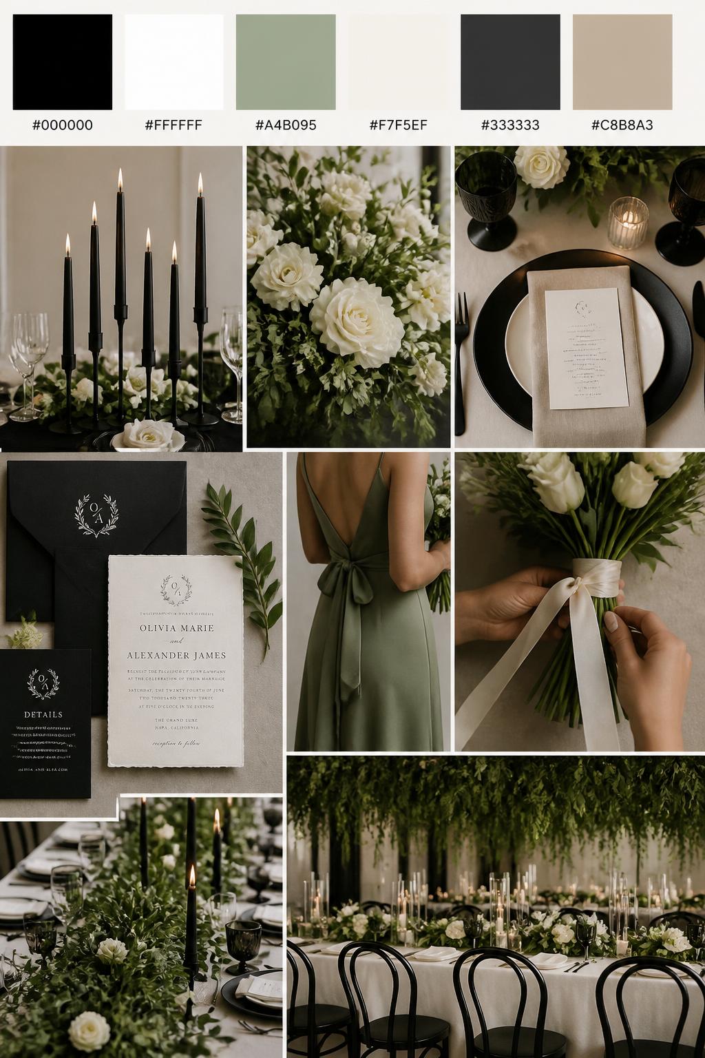 A realistic wedding inspiration mood board with a top row of swatches and small hex codes in black, white, soft green, ivory, charcoal, and warm beige. Under the palette strip, show a polished collage of black taper candles, white florals, green foliage, modern place settings, formal invitations, a cropped bridesmaid dress image from the neck down, hands tying ribbon around a bouquet, and a romantic reception table with lush greenery. Use only back views, side views, detail crops, and no-people decor scenes to avoid face issues. DSLR-style realism, 9:16 vertical format. (no watermarks on images)