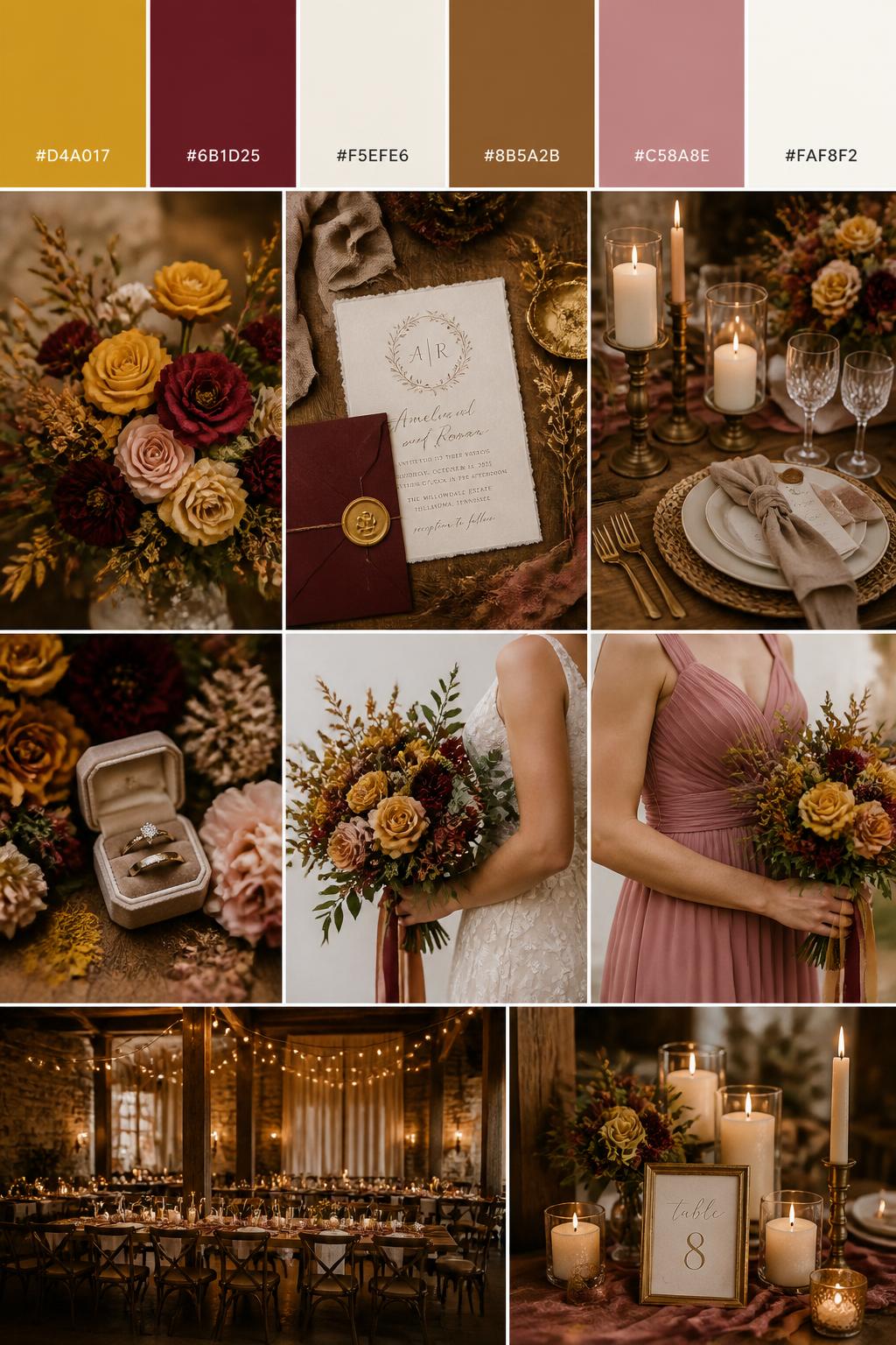Image Prompt:
A realistic Pinterest-style wedding palette board with a top row of swatches and hex codes in mustard yellow, burgundy, cream, warm brown, dusty rose, and ivory. Below the swatches, create a warm wedding collage with mustard flowers, burgundy blooms, cream candles, rustic table settings, romantic stationery, a side-view bouquet shot, a bridesmaid dress detail cropped below the shoulders, and a no-people reception setup with candlelight and warm textures. Use varied no-face compositions, including hands-only details, back-view styling, side-view crops, and no-people decor scenes. DSLR photo realism, 9:16 vertical format. (no watermarks on images)