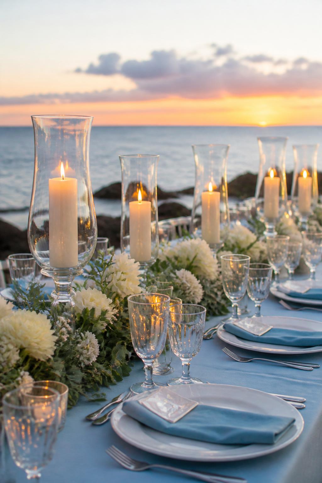 Image Prompt:
A romantic seaside wedding table decorated with clear glass hurricane candle holders, ivory candles, white flowers, pale blue napkins, white plates, crystal glasses, and soft linen. Outdoor coastal reception at sunset, no visible faces, no text, no watermark, realistic DSLR editorial photography, (no watermarks on images)