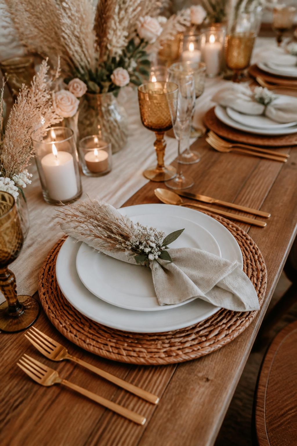 Image Prompt:
A close editorial wedding table photo focused on boho place settings with rattan chargers, white plates, folded linen napkins, gold flatware, amber glasses, and a small floral sprig at each setting. Soft candlelight and a neutral boho reception mood, no visible faces, no text, no watermark, realistic professional wedding photography, (no watermarks on images)