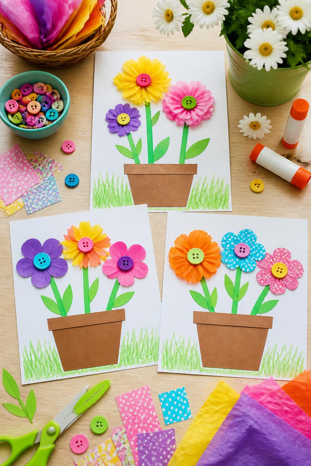 Detailed Image Prompt:
A sweet first day of summer craft photo showing paper flower pot collages, brown paper pots filled with colorful paper flowers, green stems, button centers, tissue paper petals, and crayon grass, arranged on a clean table with glue sticks, paper scraps, and buttons nearby, bright garden-themed kids’ craft styling, no people, no faces, no readable text, no watermark on images.