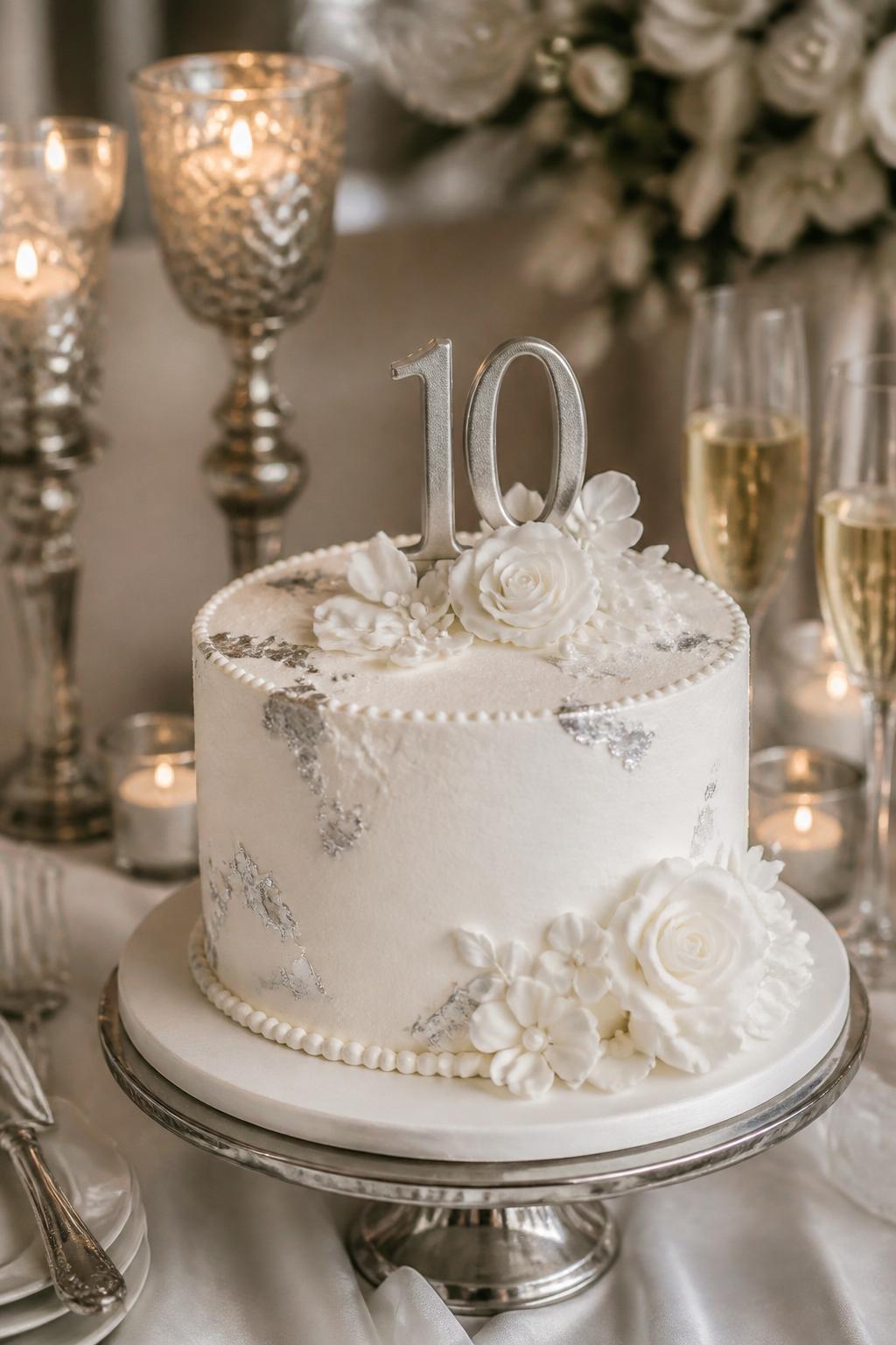 Image Prompt: A beautiful 10th anniversary cake with smooth white buttercream, soft silver leaf accents, delicate pearl borders, and white sugar flowers placed around the base. Style it on an elegant dessert table with silver candle holders, champagne glasses, white linen, and warm romantic lighting. Make it look refined, timeless, and realistic, with editorial food photography, no people, no faces, no text overlay, no watermark. (no watermarks on images)