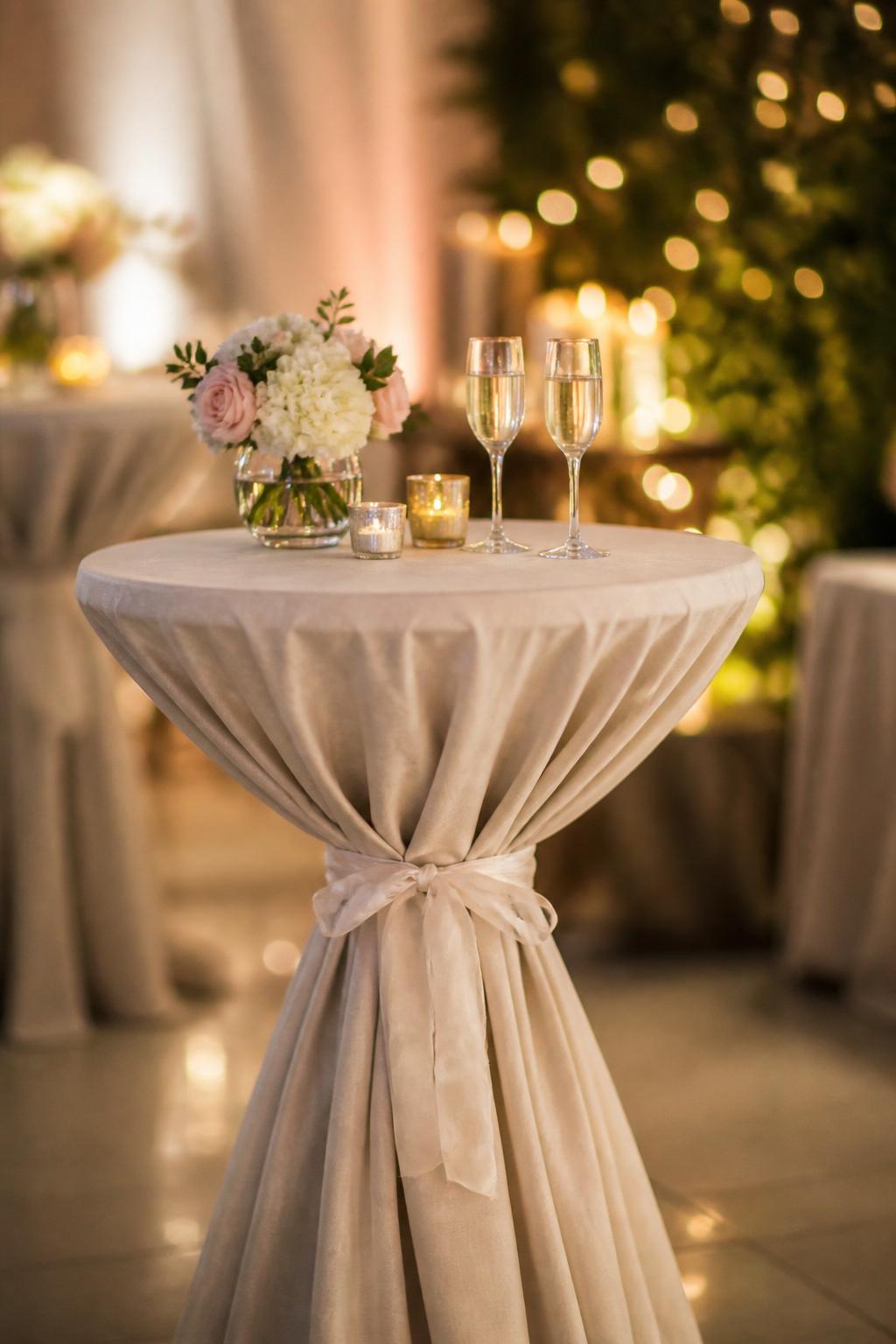 Image Prompt:
A pretty wedding cocktail table photo showing a small round table with a softly draped linen cloth tied with a delicate ribbon detail around the table stem or edge. Add a tiny floral vase, clear glasses, and warm romantic reception lighting. No visible faces, no text, no watermark, professional DSLR wedding photography, (no watermarks on images)