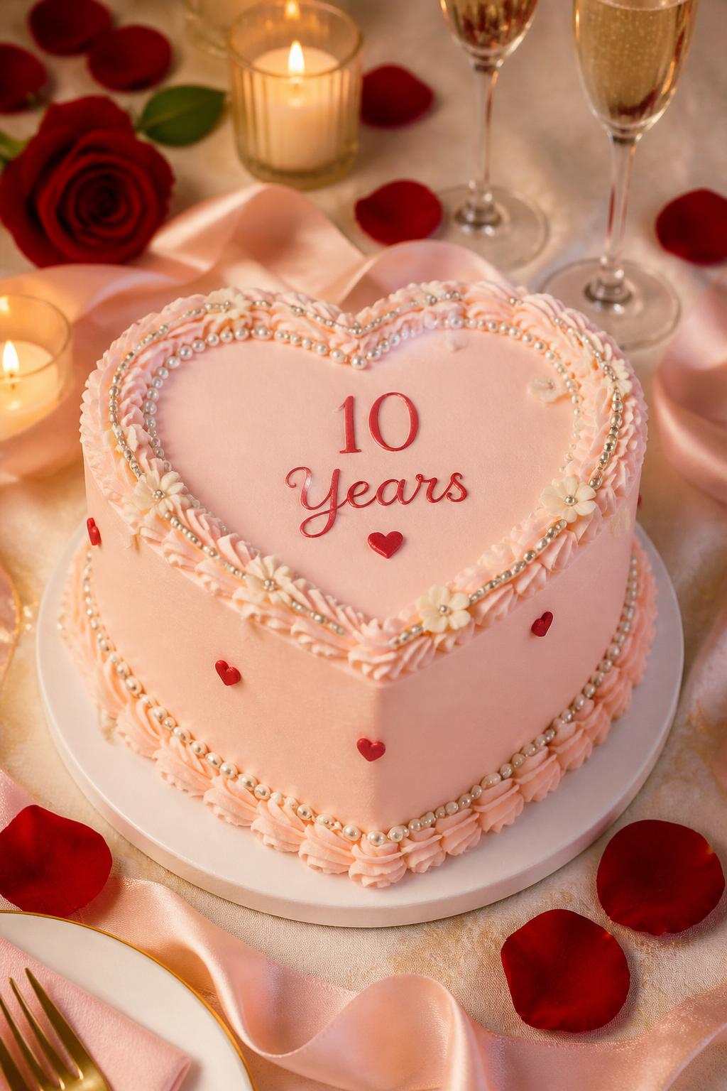 Image Prompt: A cute heart-shaped 10th anniversary cake with pale pink buttercream, silver pearl piping, tiny white flowers, red heart accents, and a small “10 Years” message on top. Style it on a romantic dessert table with rose petals, satin ribbon, candles, and champagne glasses. Make it charming, sweet, and realistic, no people, no faces, no watermark. (no watermarks on images)
