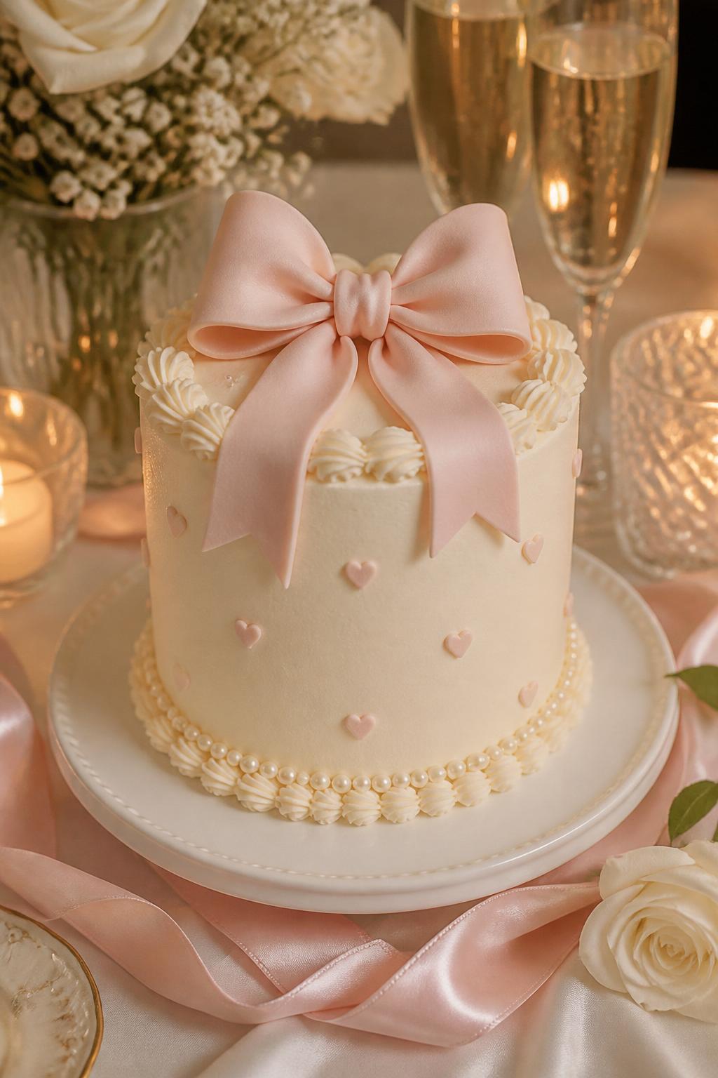 Image Prompt: A small 2 year anniversary cake with smooth ivory buttercream, a soft blush fondant bow, pearl borders, tiny heart accents, and delicate piped edging. Style it on a pretty dessert table with satin ribbon, white roses, candles, and champagne glasses. Make it look sweet, elegant, and realistic, no people, no faces, no text overlay, no watermark. (no watermarks on images)