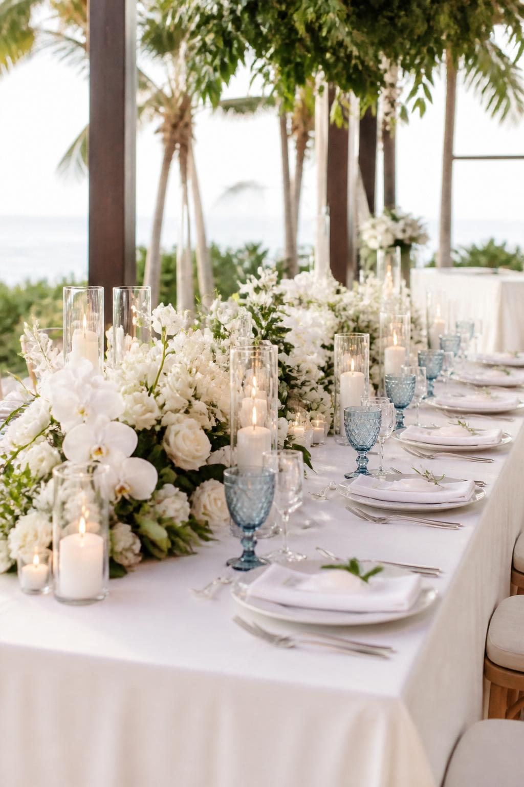Image Prompt:
A classy coastal wedding table photo showing soft greenery, white orchids, white roses, clear glass candle holders, white linen, white plates, blue-tinted glassware, and warm natural light. Elegant seaside resort or beach wedding reception setting, no visible faces, no full people, no text, no watermark, realistic DSLR photography, (no watermarks on images)