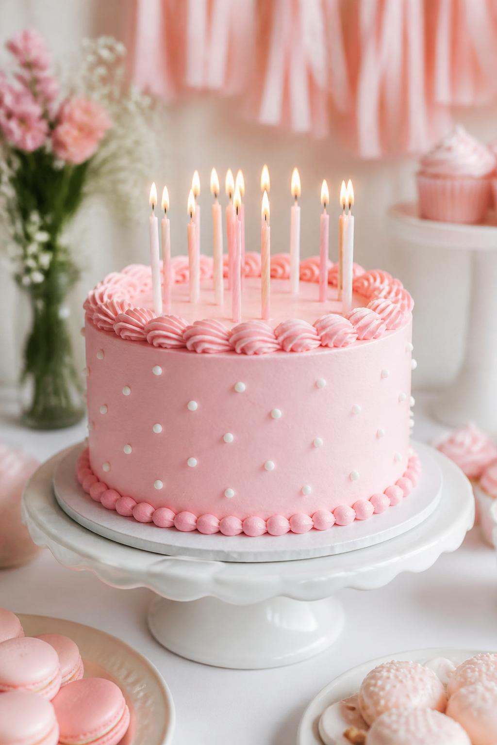 Detailed Image Prompt:
A pretty pink birthday cake with smooth blush pink buttercream, white polka dots piped neatly around the sides, a small buttercream border, pastel candles on top, styled on a cute birthday dessert table with soft pink decor, bright natural light, realistic editorial cake photography, no people, no watermarks on images.