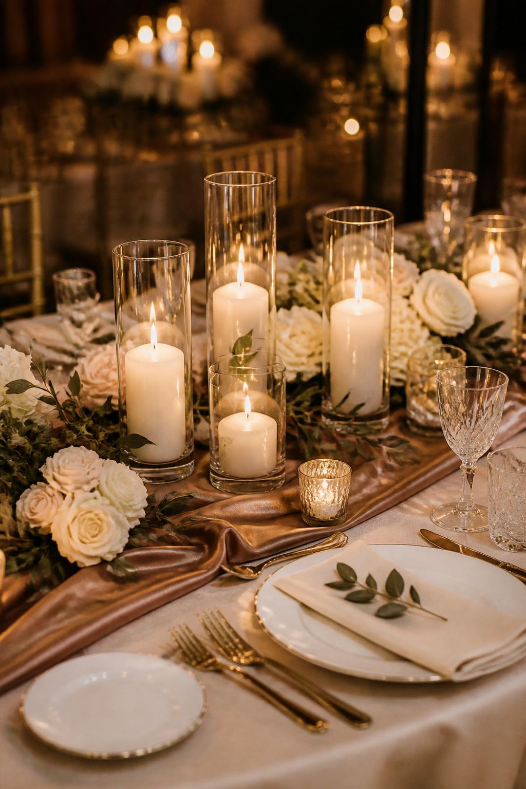 Image Prompt:
A romantic wedding reception table featuring a soft brown satin runner, candle clusters in clear glass holders, ivory flowers, greenery, white plates, crystal glasses, and gold flatware. Warm indoor reception lighting, no visible faces, no full people, no text, no watermark, realistic editorial wedding photography, (no watermarks on images)
