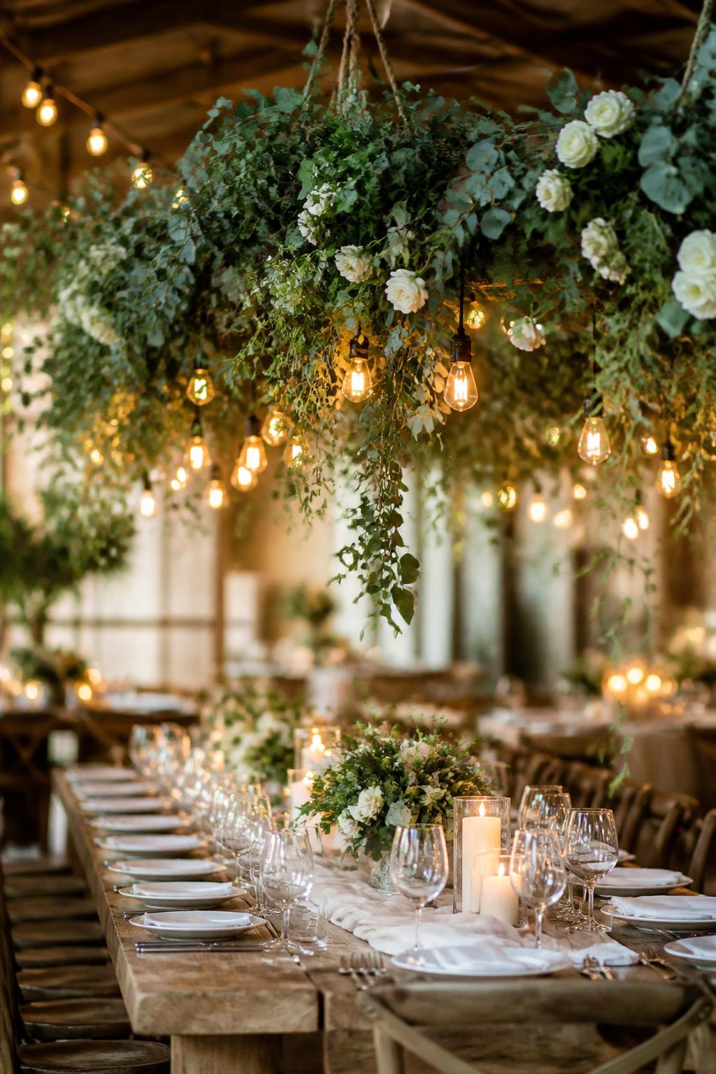 Image Prompt:
A dreamy editorial wedding reception photo showing a long wooden farm table beneath a hanging greenery installation with eucalyptus, vines, white flowers, and soft string lights. The table below has simple candles, white plates, linen napkins, clear glassware, and low florals. No visible faces, no full people, table and hanging greenery focused, realistic DSLR wedding photography, no text, no watermark, (no watermarks on images)