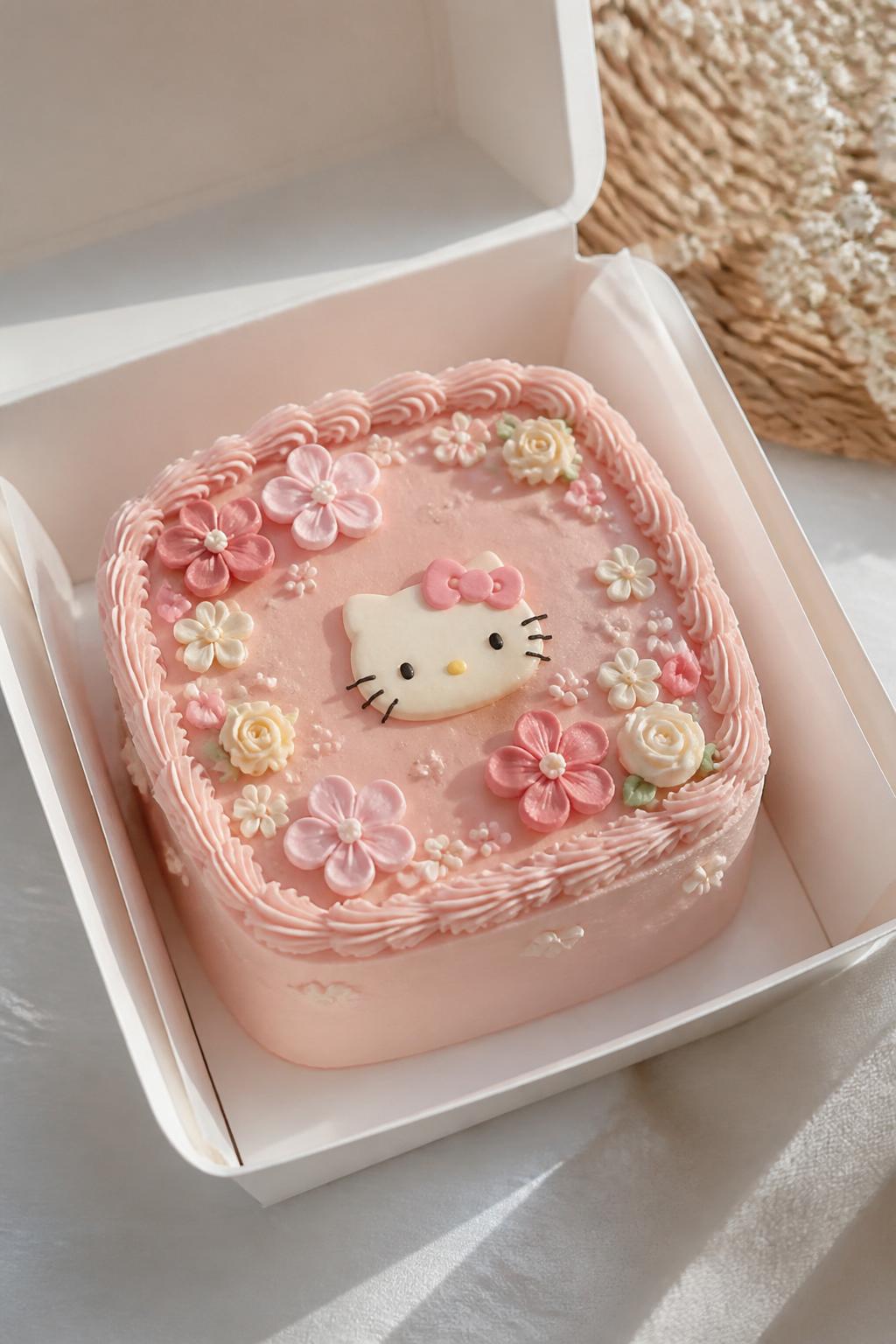Image Prompt:
A delicate Hello Kitty themed bento cake inside a white open cake box, smooth blush frosting, tiny buttercream flowers in pink, white, and cream tones, small Hello Kitty face detail in the center, elegant piped border, fresh romantic bakery styling, soft natural light, realistic close-up dessert photography, no people, no hands, no faces, no watermarks on images