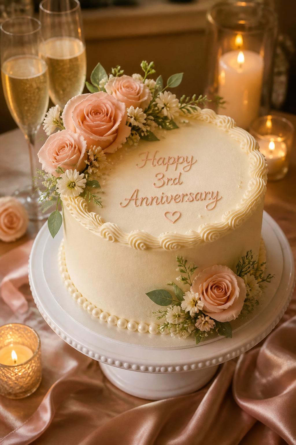 Image Prompt: A romantic 3rd anniversary cake with smooth ivory buttercream, blush roses, tiny cream flowers, soft greenery, pearl borders, and delicate piped edges. Place it on a white cake stand with candles, champagne glasses, satin ribbon, and warm indoor lighting. Make it look soft, beautiful, and realistic, no people, no faces, no watermark. (no watermarks on images)