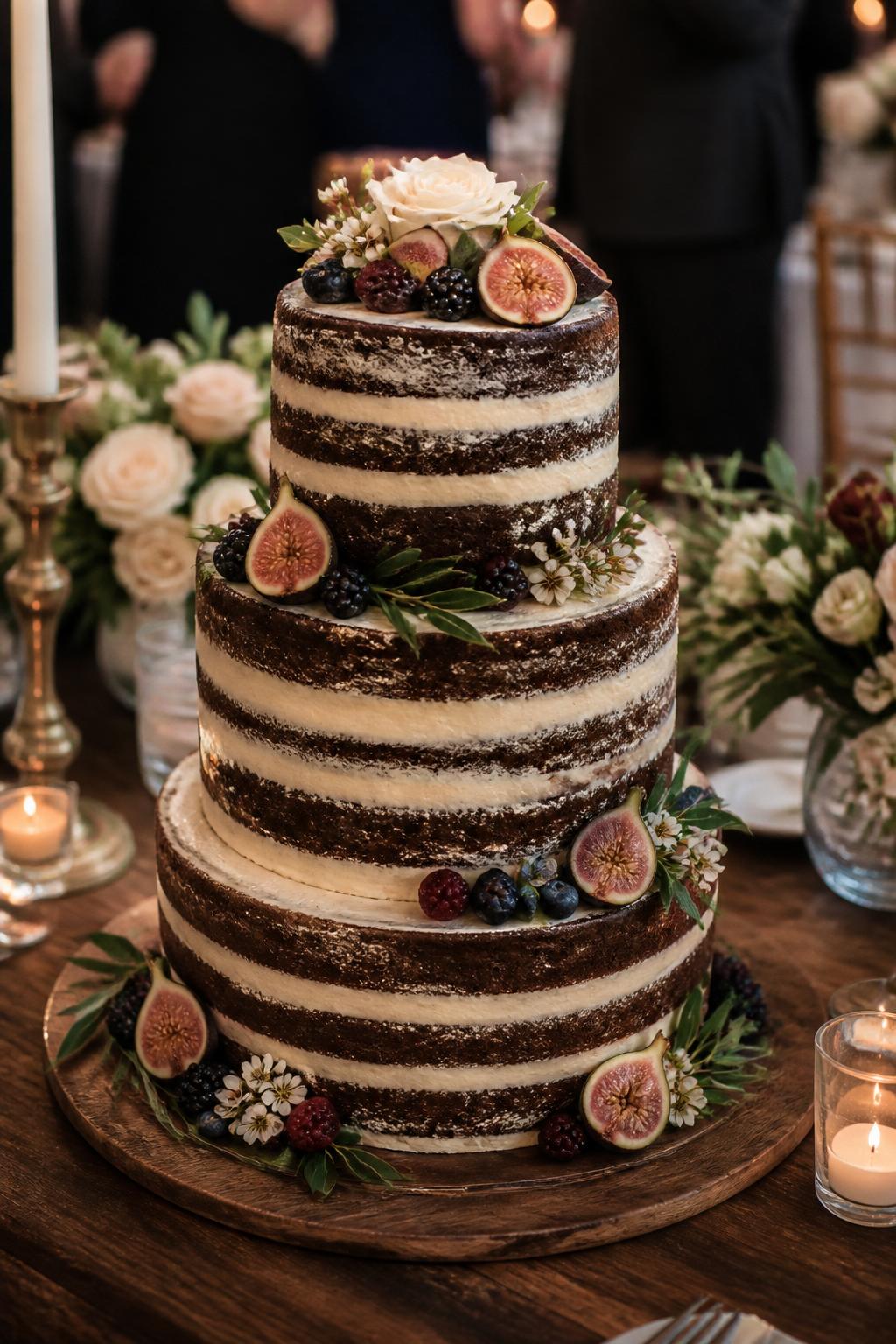 Image Prompt: Ultra-realistic wedding party photo of a chocolate naked wedding cake with dark cocoa sponge layers, thick light buttercream filling, and a lightly frosted outer edge. Decorate the cake with figs, berries, small ivory flowers, and a few green leaves. Place it on a cake table at an elegant indoor wedding reception with candles, dark wood accents, table flowers, and warm evening lighting. Keep the cake sharp and detailed, with the background softly blurred. No visible faces. If guests appear, show only hands, back views, or cropped neck-down figures. DSLR realism, rich cake texture, wedding editorial style. (no watermarks on images)