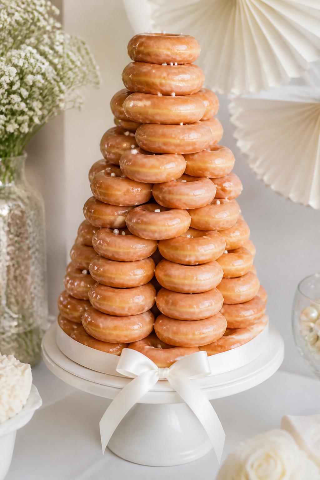 Detailed Image Prompt:
A beautiful donut tower cake made from stacked classic glazed donuts arranged in a neat cone shape, placed on a white pedestal cake stand, with soft icing shine, tiny pearl sugar accents, and simple white ribbon detail around the base, styled on a clean dessert table with soft neutral party decor, bright natural light, realistic editorial dessert photography, no people, high-detail glaze texture, no watermarks on images.
