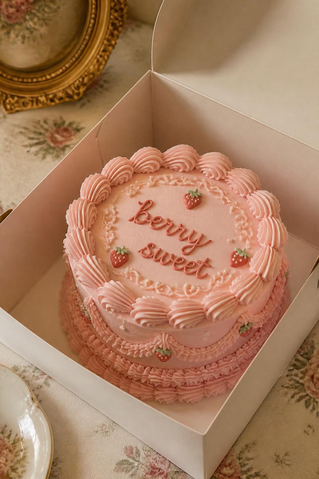 Image Prompt:
A vintage style strawberry bento cake inside an open white cake box, blush pink frosting, detailed shell borders, ruffle piping, delicate swirls, tiny strawberry accents, handwritten icing text reading “berry sweet,” romantic retro bakery styling, soft table setting, realistic close-up dessert photography, no people, no hands, no faces, no watermarks on images