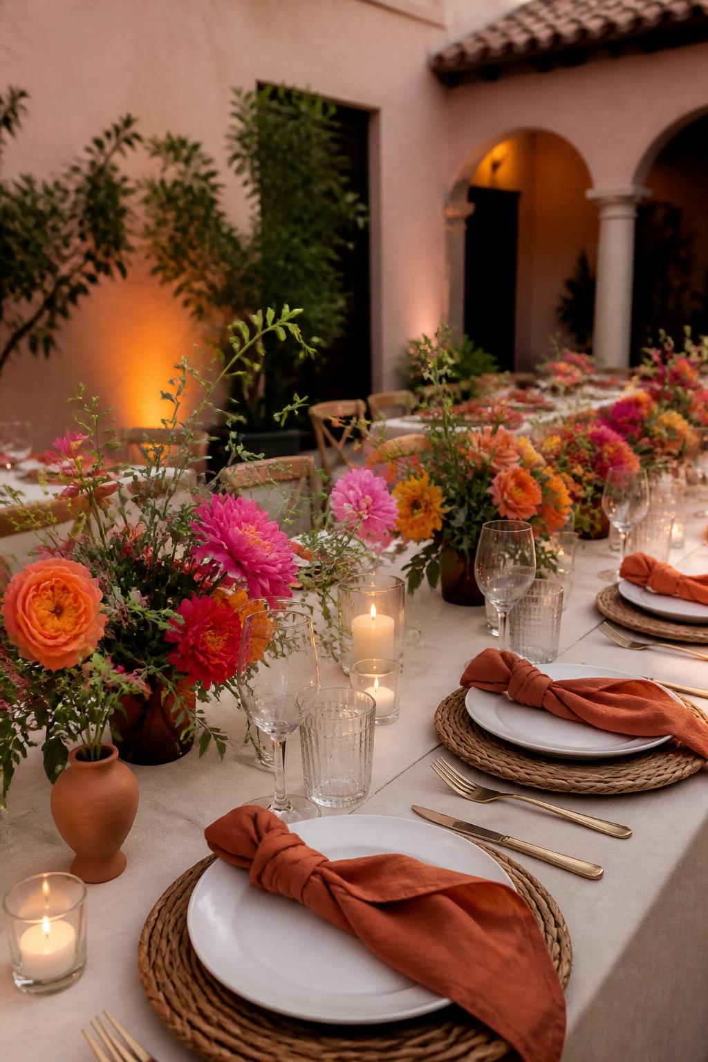 Image Prompt:
A warm editorial wedding table photo showing woven chargers under white plates, colorful floral centerpieces, terracotta napkins, clear glasses, gold flatware, and small candles. The setting is a modern Mexican courtyard reception with stucco walls, clay tiles, and soft evening light. No visible faces, no text, no watermark, realistic DSLR wedding decor image.