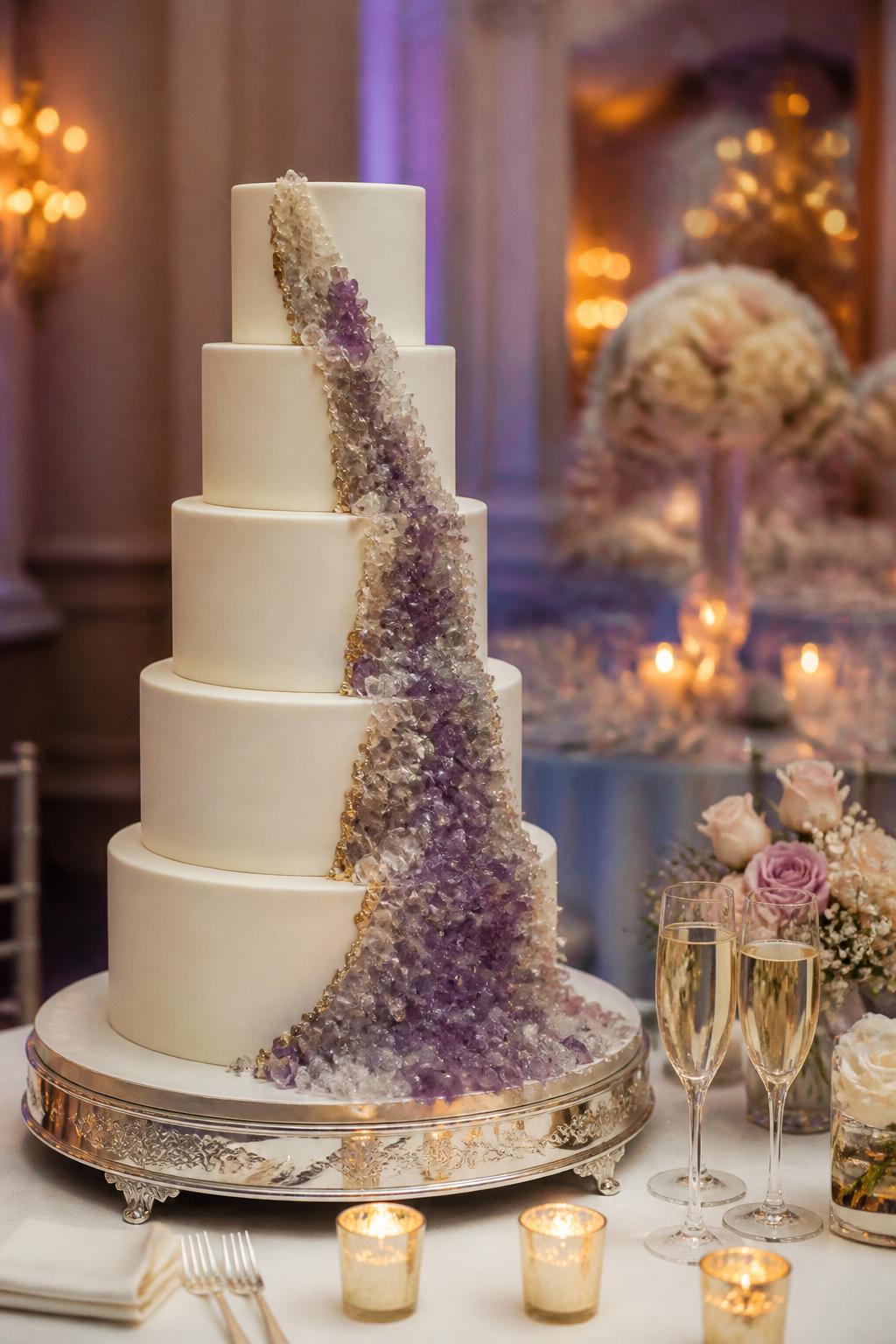 Image Prompt: Ultra-realistic wedding reception photo of a tall white tiered wedding cake with a dramatic crystal cascade flowing from the top tier down across each layer to the cake stand, styled on a decorated cake table at a real wedding party scene. Show soft candlelight, floral centerpieces, elegant table linens, champagne glass details, and a luxury reception backdrop. Keep the cake as the main focus. No visible faces. If people appear, show only soft blurred side views, back views, or cropped figures from the neck down. Make the cake design realistic, refined, and high-end, with true-to-life icing texture, crystal shine, and natural lighting. Pinterest-worthy composition, ultra-detailed, DSLR realism, wedding editorial style. (no watermarks on images)