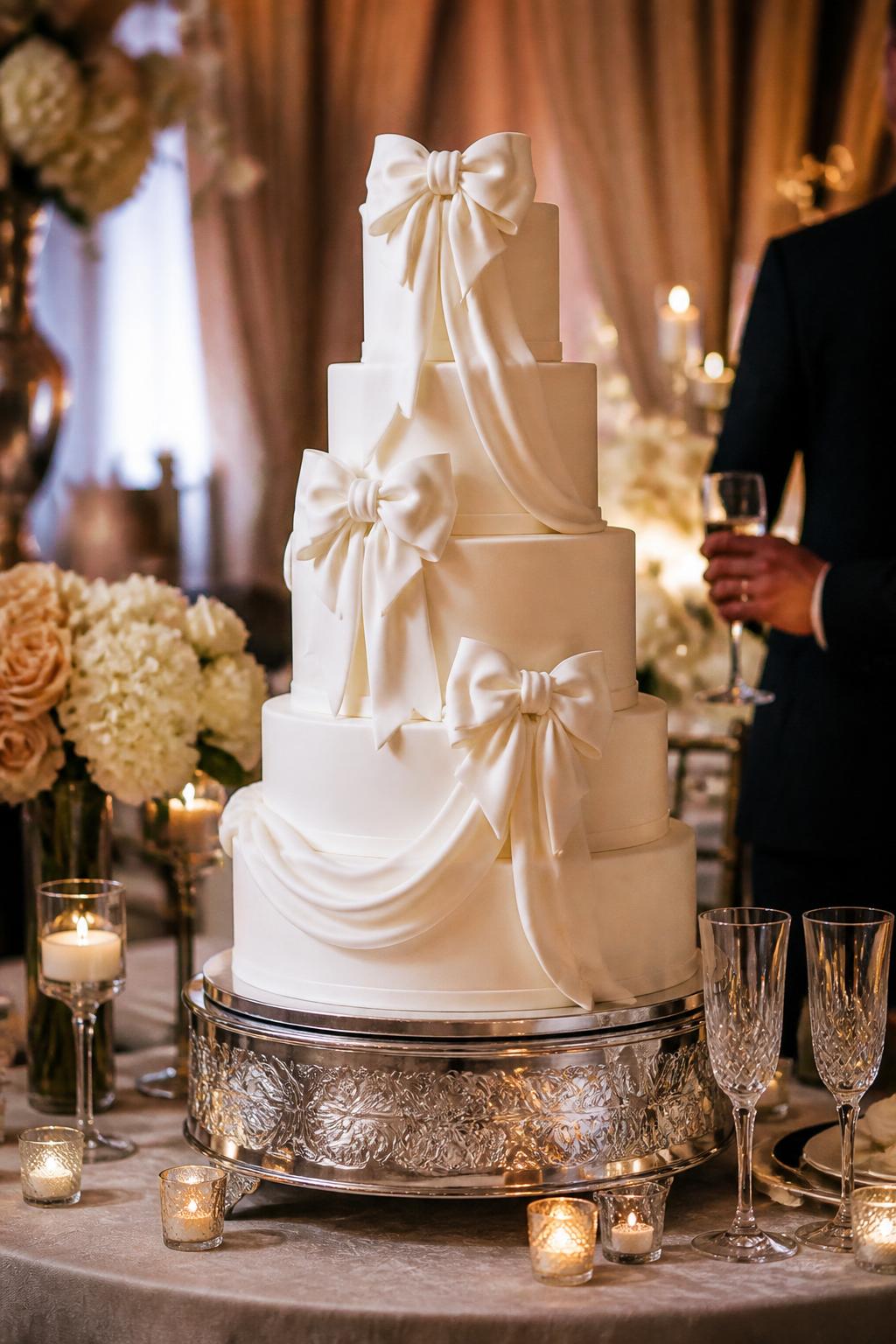 Image Prompt: Ultra-realistic wedding reception photo of a tall tiered wedding cake decorated with large sculptural fondant bows and soft satin-like draped details, styled in an elegant wedding party scene. Place the cake on a luxury cake table with candles, floral centerpieces, fine linens, glassware, and a softly blurred reception backdrop. The cake should be the clear main focus. No visible faces. If people appear, show only side views, back views, cropped-from-neck figures, or hands holding champagne glasses. Realistic fondant texture, refined bow detail, natural wedding lighting, DSLR editorial quality, highly believable and elegant. (no watermarks on images)