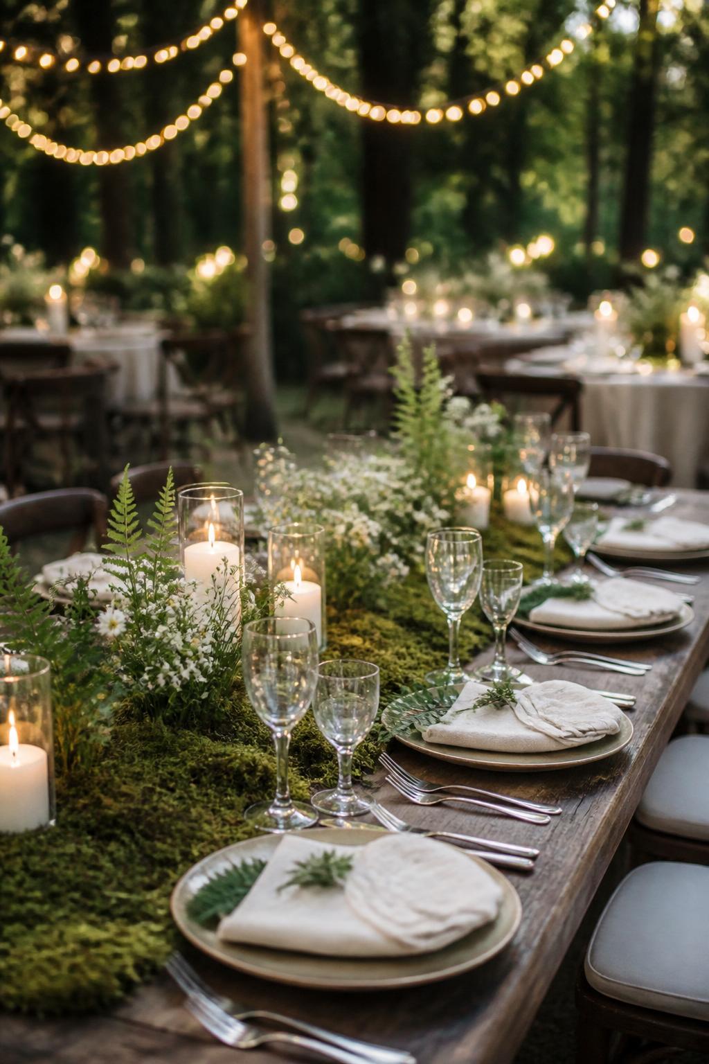Image Prompt:
A whimsical woodland wedding table styled with a soft moss runner, tiny white flowers, ferns, ivory candles, natural linen napkins, ceramic plates, clear glassware, and warm fairy lights nearby. Forest or garden reception setting, no visible faces, no text, no watermark, realistic DSLR editorial photography, (no watermarks on images)