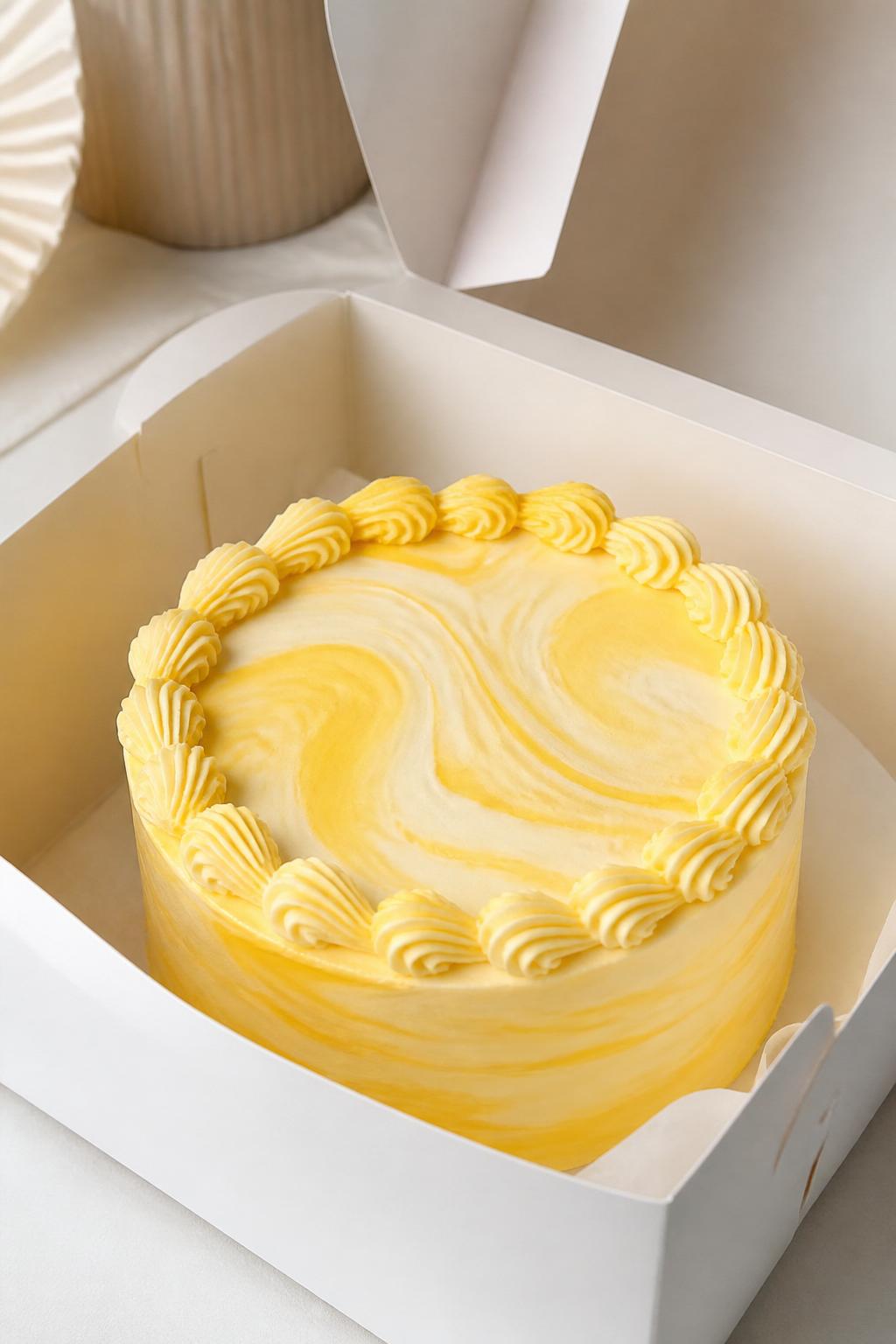 Image Prompt:
A stylish yellow marble bento cake inside an open white cake box, smooth buttercream frosting with soft yellow and cream marble swirls, neat border, modern elegant styling, clean soft background, realistic close-up bakery photography, no people, no hands, no faces, no watermarks on images