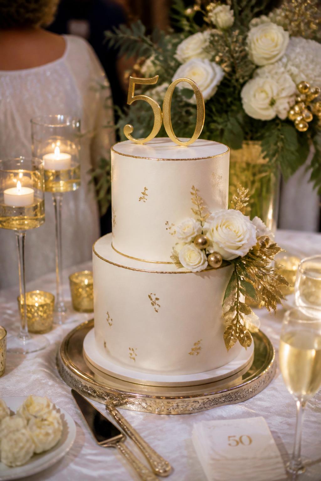 Image Prompt: Ultra-realistic 50th wedding anniversary party scene featuring a classy white and gold tiered anniversary cake with smooth white fondant or buttercream, thin gold trim, subtle gold leaf accents, and an elegant number "50" topper. Place the cake on a beautifully styled dessert table with candles, champagne glasses, white and gold floral arrangements, linen tablecloth, and soft warm celebration lighting. Keep the cake as the main focus. No visible faces. If people appear, show only cropped hands, back views, side views, or neck-down figures. Realistic cake texture, refined gold shine, DSLR event photography, polished and believable styling. (no watermarks on images)