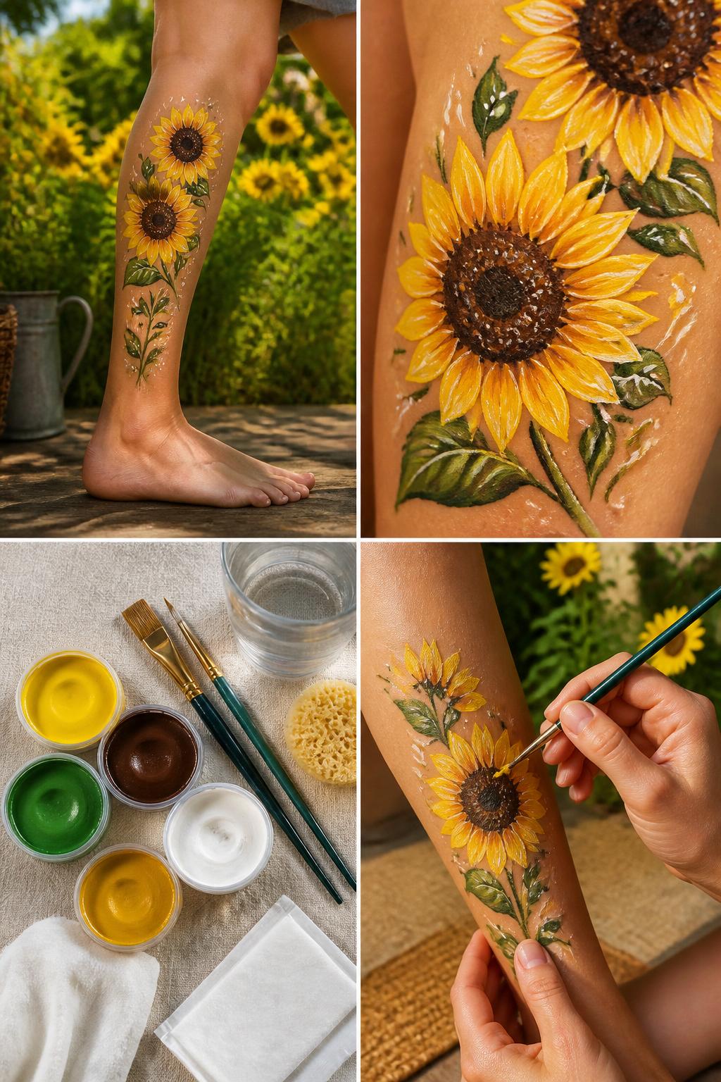 Detailed Image Prompt:
A realistic editorial 2x2 collage grid showing sunflower side leg painting, top-left finished design with two painted sunflowers, green leaves, and warm yellow petals along the side of the calf, top-right close-up of brown centers, petal layers, and leaf details, bottom-left flat lay of skin-safe yellow, brown, green, and white body paint, fine brushes, sponge, wipes, and water cup, bottom-right cropped hands painting sunflower petals on the lower leg, sunny garden summer craft styling, no faces, no text, no watermark on images.