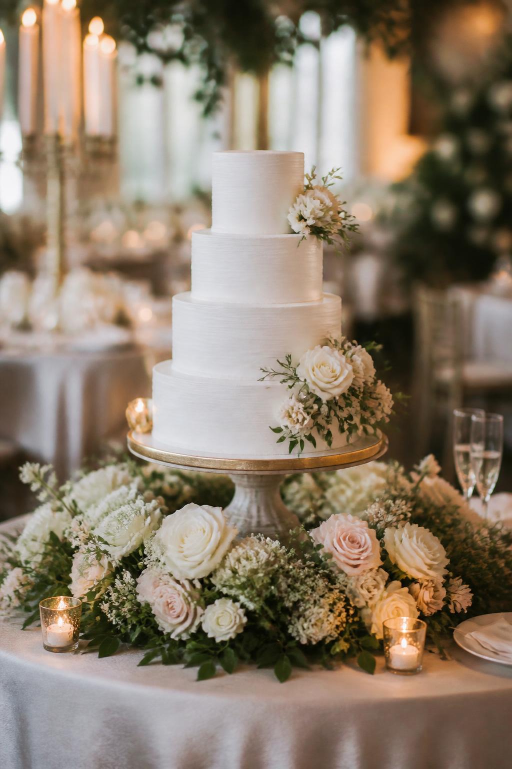 Image Prompt:
A luxury editorial wedding cake table photo showing a white tiered cake on a raised stand with a lush floral base around it, using white roses, blush flowers, ivory blooms, and greenery. Add soft candlelight, ivory linen, and an elegant reception background. No visible faces, no full people, no text, no watermark, realistic DSLR wedding photography, (no watermarks on images)