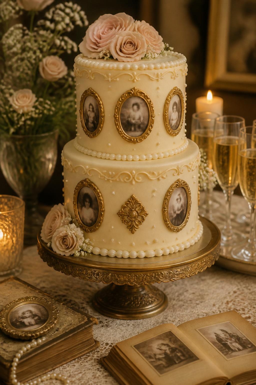 Image Prompt: A vintage-inspired anniversary cake with smooth cream buttercream, edible antique-style photo frames around the tiers, gold piping, pearl dots, soft blush flowers, and lace-like details. Style it on a classic dessert table with lace linen, candles, champagne glasses, and old photo albums. Make the photo images softly blurred with no clear visible faces, realistic, nostalgic, no people, no faces, no watermark. (no watermarks on images)