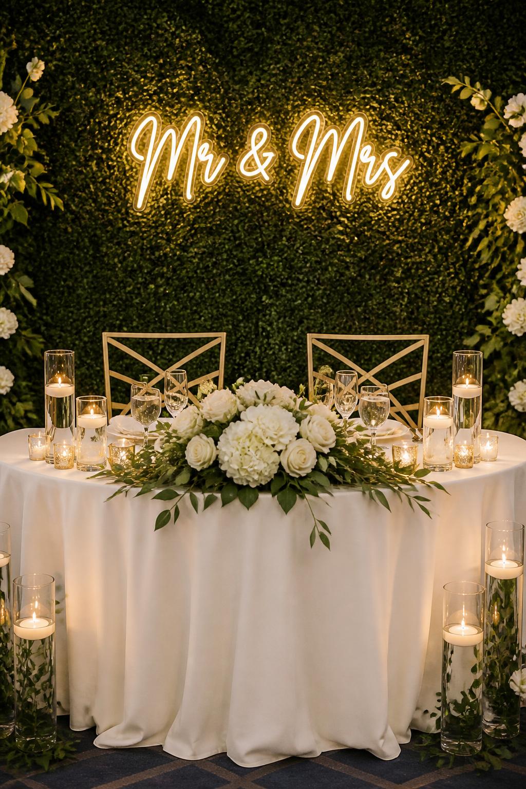 Image Prompt:
A stylish wedding reception photo showing a sweetheart table in front of a greenery wall with a glowing Mr and Mrs neon sign. The table is styled with white flowers, candles, clear glassware, white linen, and modern gold accents. No visible faces, no full people, no watermark, realistic editorial wedding photography.