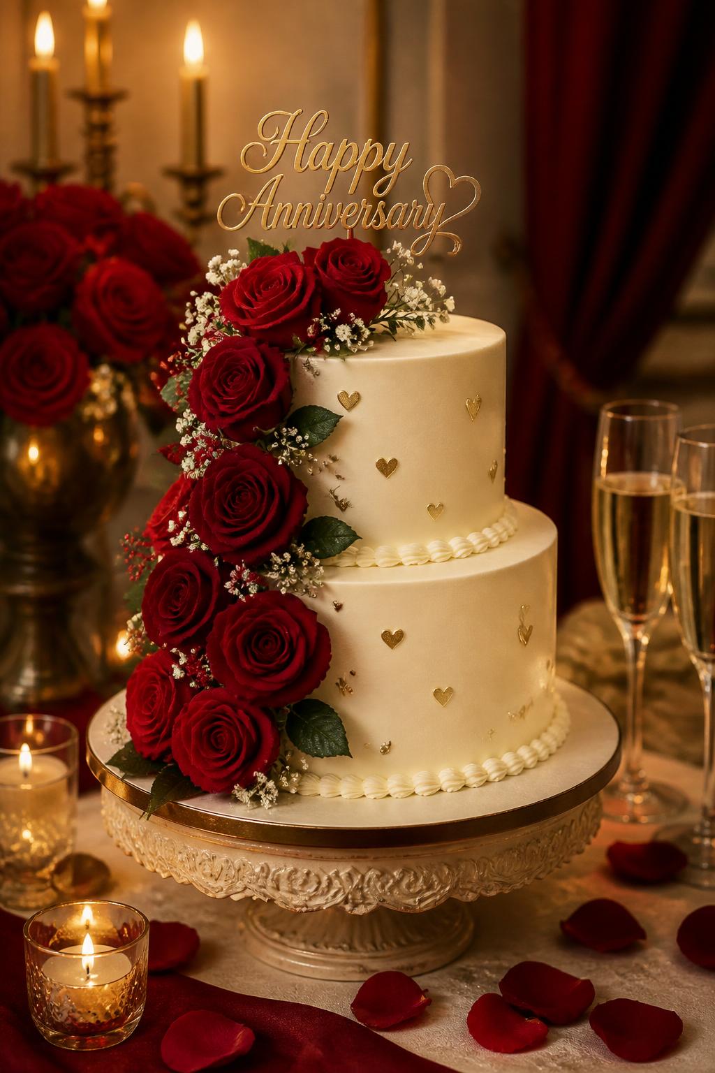 Image Prompt: A romantic two-tier anniversary cake with smooth ivory buttercream, deep red roses cascading down one side, small gold heart details, and soft piped borders. Style it on an elegant table with candles, champagne flutes, red rose petals, and warm indoor lighting. Make it realistic, dramatic, and romantic, no people, no faces, no watermark. (no watermarks on images)