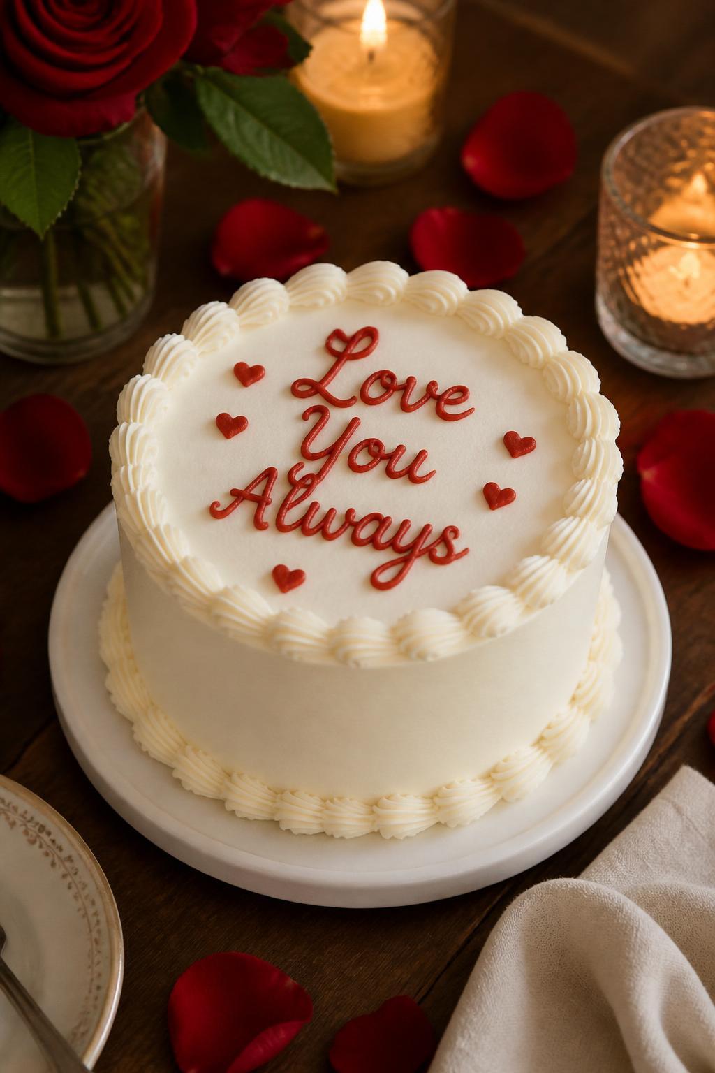 Image Prompt: A small round anniversary cake with smooth white buttercream, neat red piped lettering that says “Love You Always,” tiny red hearts, and soft shell piping around the edges. Style it on a cozy table with rose petals, candles, and a folded napkin. Make it intimate, romantic, and realistic, no people, no faces, no watermark. (no watermarks on images)