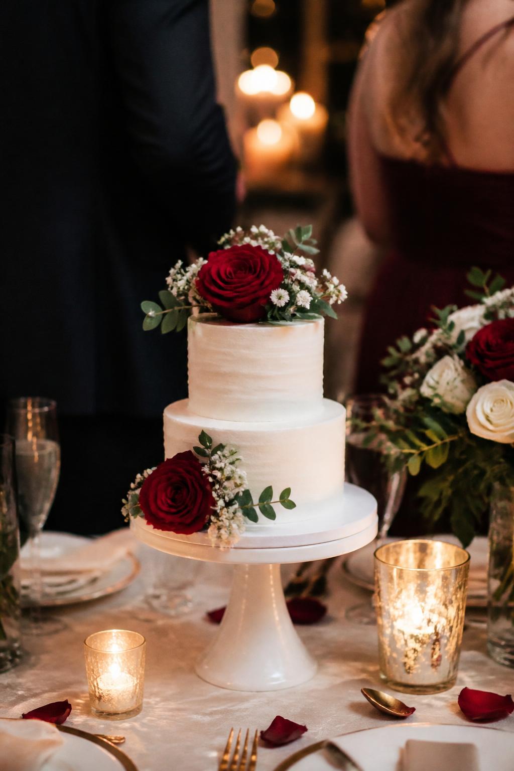 Image Prompt: Ultra-realistic intimate wedding reception photo of a small wedding cake with one or two smooth white or ivory tiers, fresh red roses, tiny white flowers, and soft greenery. Place the cake on a simple elegant cake stand at a small wedding party scene with candles, linen tablecloth, floral arrangements, champagne glasses, and a softly blurred cozy reception background. Keep the cake in sharp focus. No visible faces. If people appear, show only cropped hands, back views, side angles, or neck-down figures. Realistic rose petals, smooth buttercream, warm natural DSLR photography. (no watermarks on images)