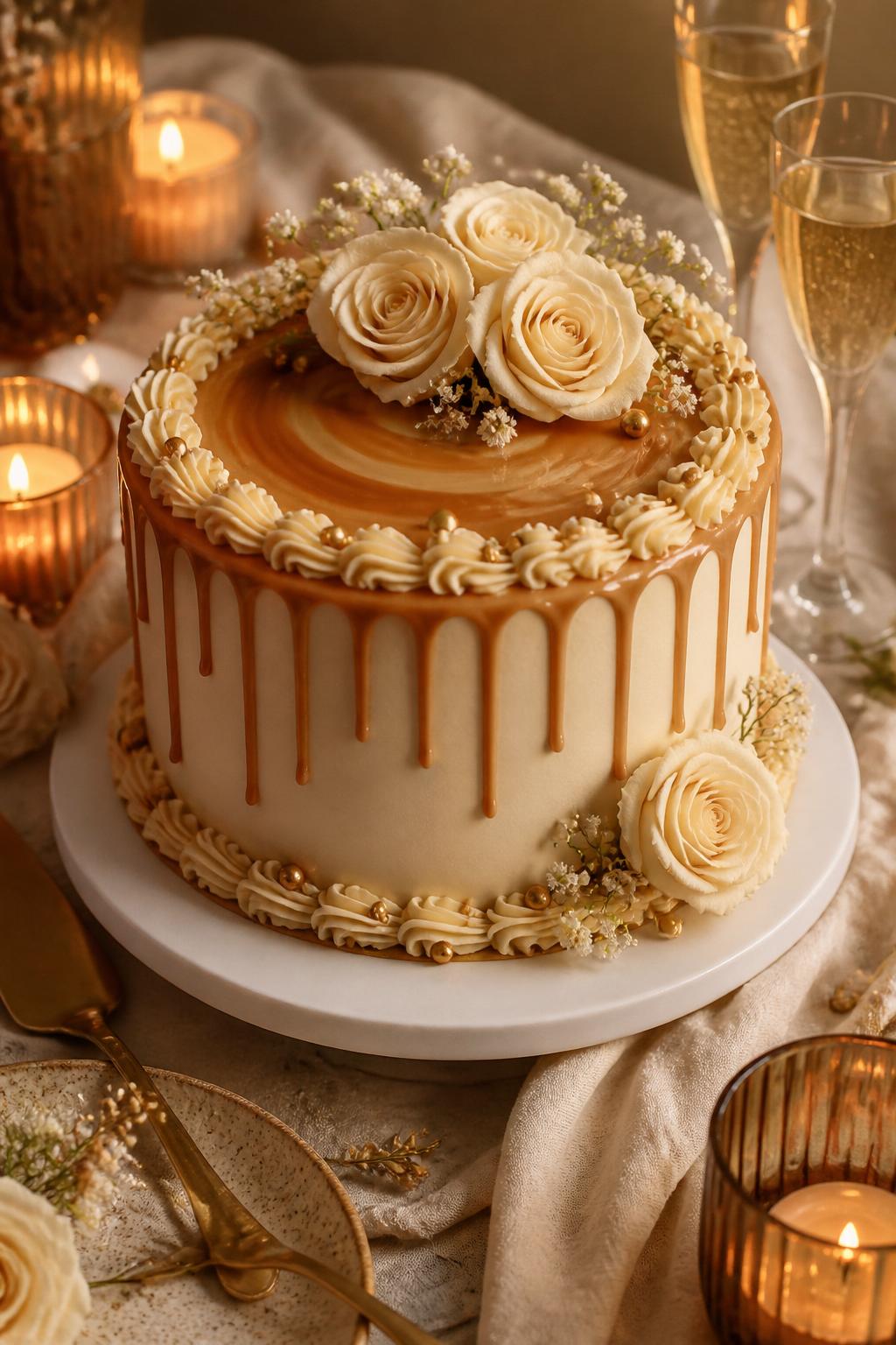 Image Prompt: A warm caramel and cream 3rd anniversary cake with smooth buttercream, soft caramel drip, ivory roses, tiny gold pearls, and delicate piped borders. Place it on a neutral dessert table with candles, cream linen, champagne glasses, and warm soft lighting. Make it rich, cozy, and realistic, no people, no faces, no text overlay, no watermark. (no watermarks on images)