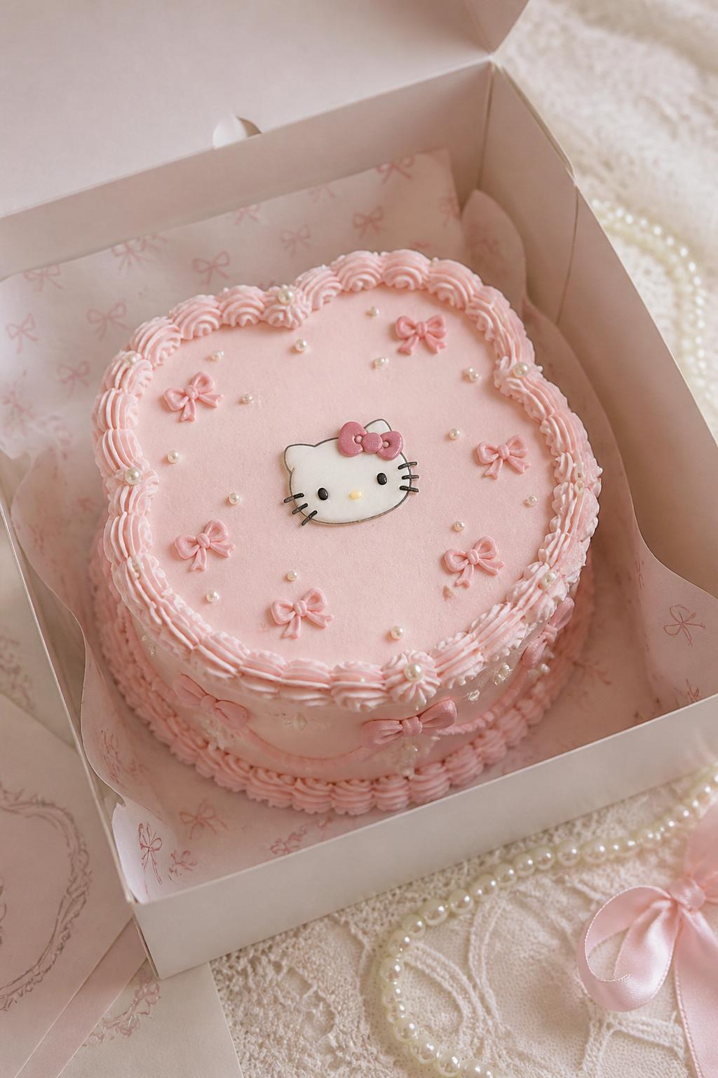 Image Prompt:
A coquette inspired Hello Kitty themed bento cake in an open white cake box, pale pink frosting, tiny ribbon bow details, pearl accents, delicate scalloped border, small Hello Kitty face design, soft lace inspired styling, editorial bakery photography, no people, no hands, no faces, no watermarks on images