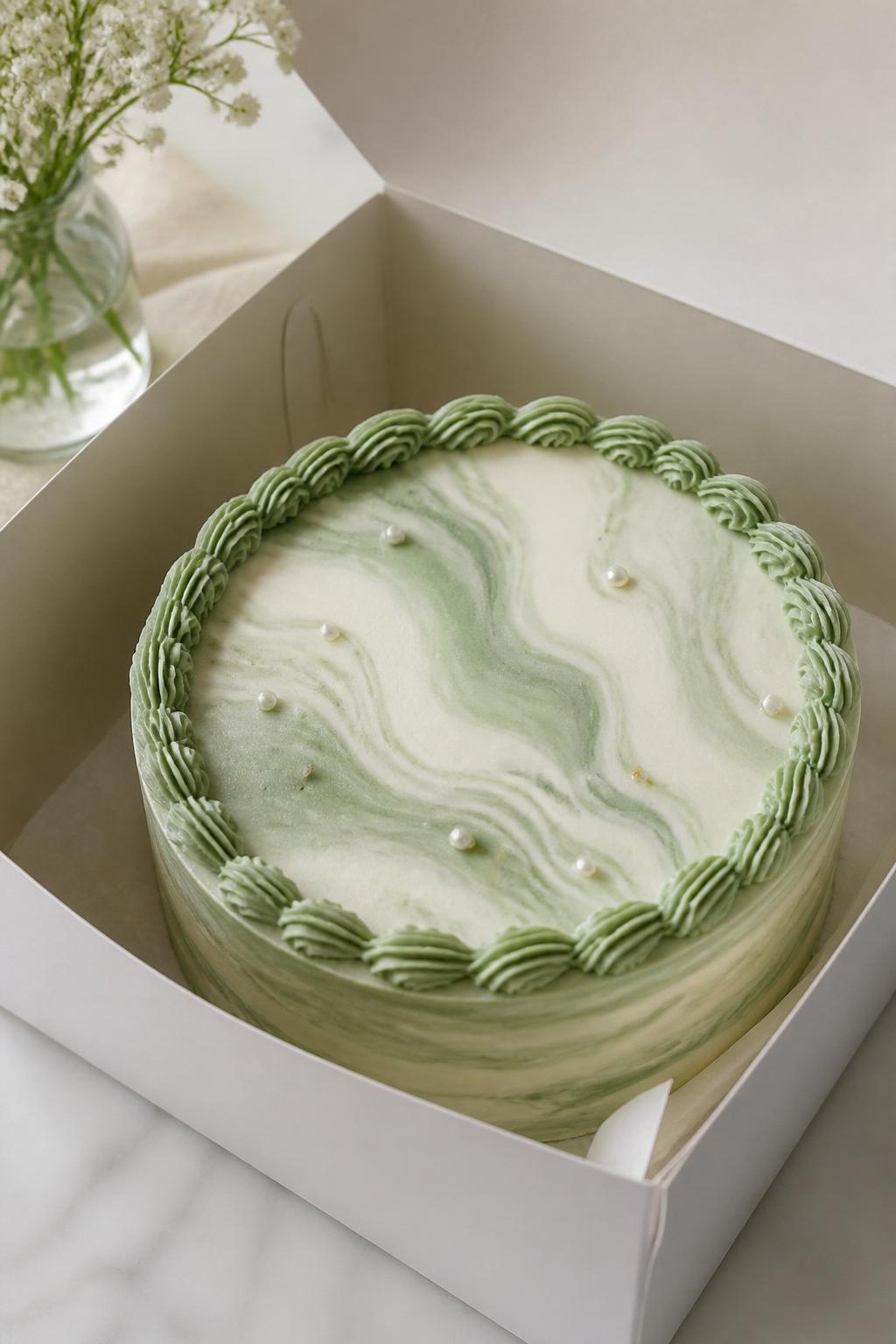Image Prompt:
A stylish green marble bento cake inside an open white cake box, smooth buttercream frosting with soft sage green and white marble swirls, neat border, modern elegant styling, clean soft background, realistic close-up bakery photography, no people, no hands, no faces, no watermarks on images