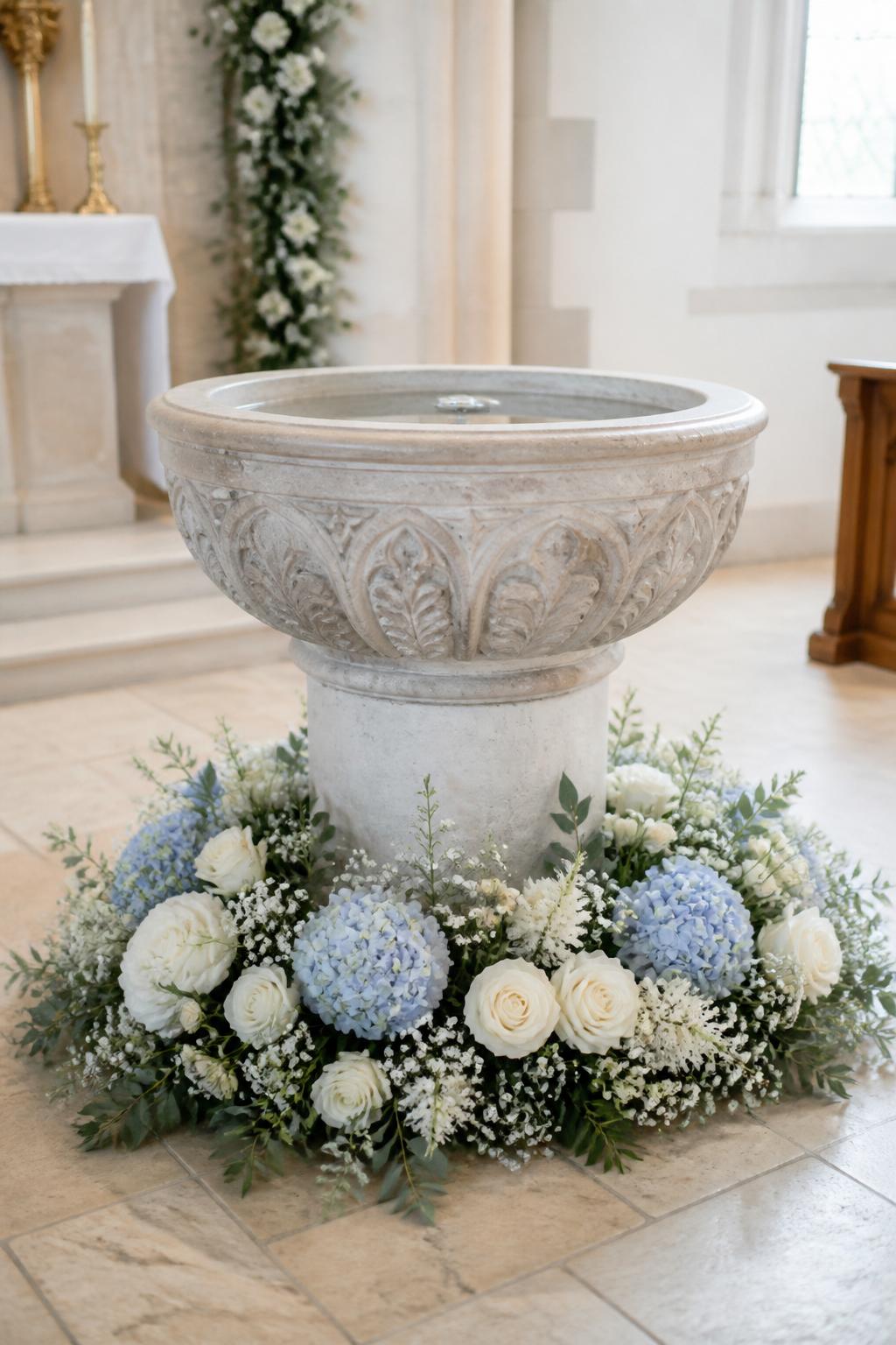 Image Prompt:
A church baptism font decorated with a delicate floral ring, using white roses, baby’s breath, pale blue hydrangeas, soft greenery, and tiny cream flowers arranged around the base of the font, peaceful church interior, soft daylight, no people, no faces, elegant baptism decor, realistic floral textures, clean editorial photography, no text, no watermark.