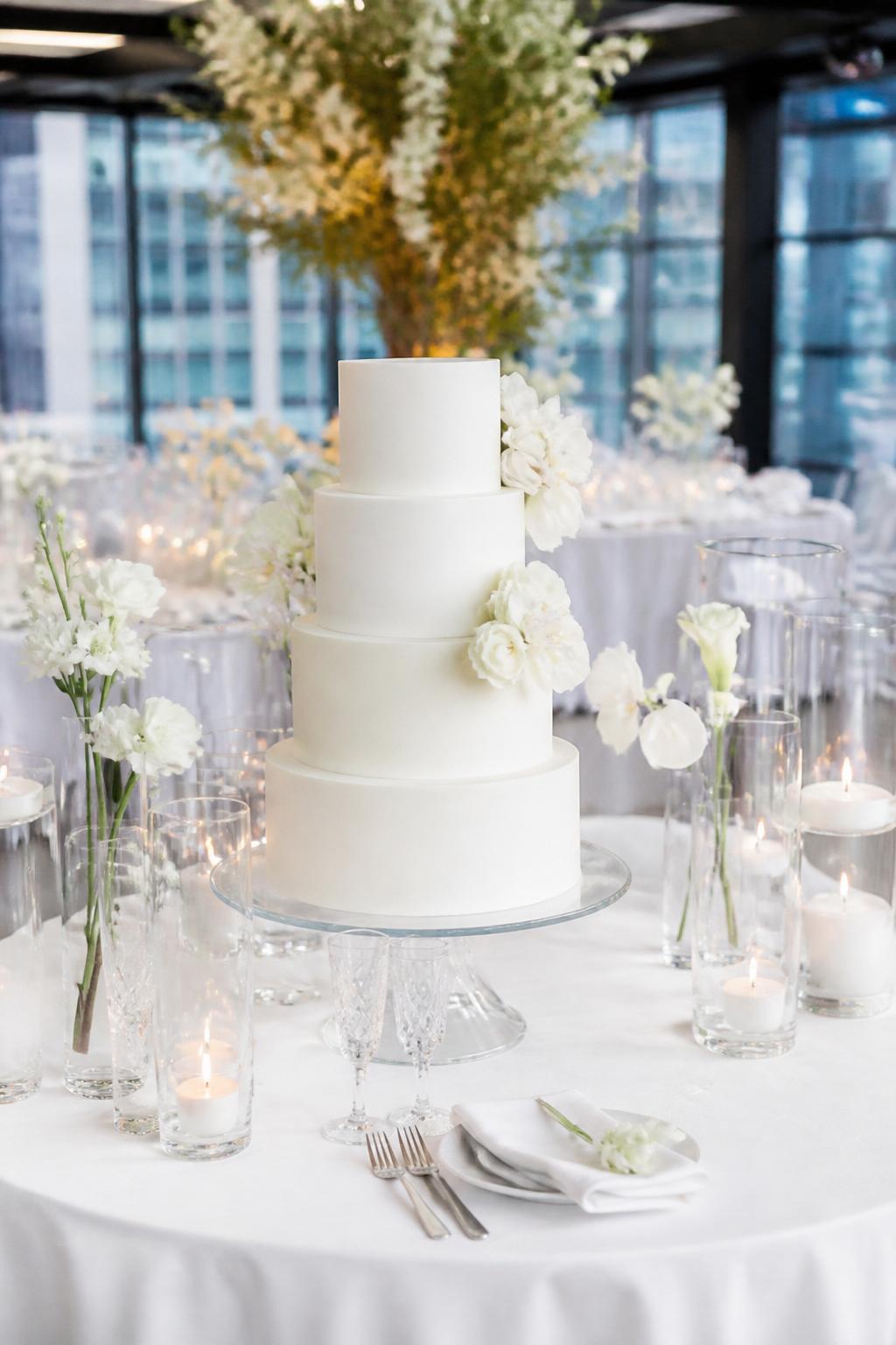 Image Prompt:
A clean editorial wedding cake table photo showing a simple white tiered cake on a clear acrylic or glass cake stand, styled with white linen, clear glass candle holders, crystal glasses, and a few white floral stems. Bright modern reception setting, no visible faces, no text, no watermark, realistic professional wedding photography, (no watermarks on images)