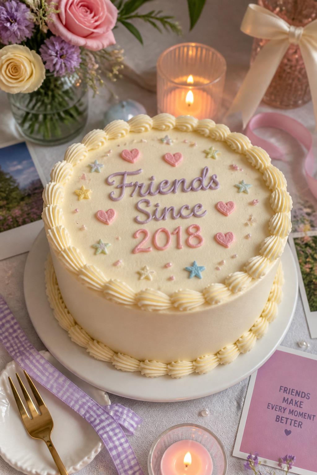 Image Prompt: A cute friendship anniversary cake with smooth ivory buttercream, neat piped lettering that says “Friends Since” with a year, tiny hearts, pastel stars, pearl dots, and soft shell piping. Style it on a cheerful dessert table with candles, photo cards, ribbons, and pastel flowers. Make it realistic, nostalgic, and polished, no people, no faces, no watermark. (no watermarks on images)