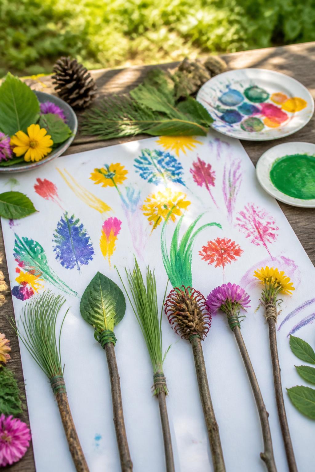 Detailed Image Prompt:
A creative summer art photo showing nature paintbrush art, handmade brushes made from sticks, leaves, grass, flowers, and pine needles, colorful paint strokes and stamped textures on white paper, outdoor craft table with leaves and paint plates nearby, sunny garden setting, no people, no faces, no readable text, no watermark on images.