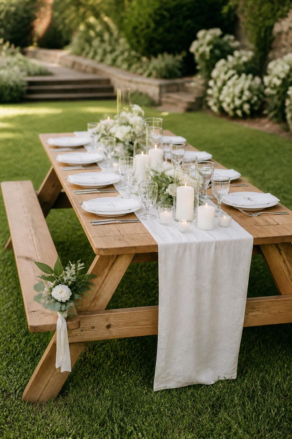 Image Prompt:
A classy wedding picnic table setup showing a wooden picnic table with simple tabletop decor and small floral or greenery details attached lightly to the bench ends. Include white linen runner, candles, white plates, clear glassware, and a garden wedding setting. No visible faces, no full people, no text, no watermark, realistic editorial wedding photography, (no watermarks on images)