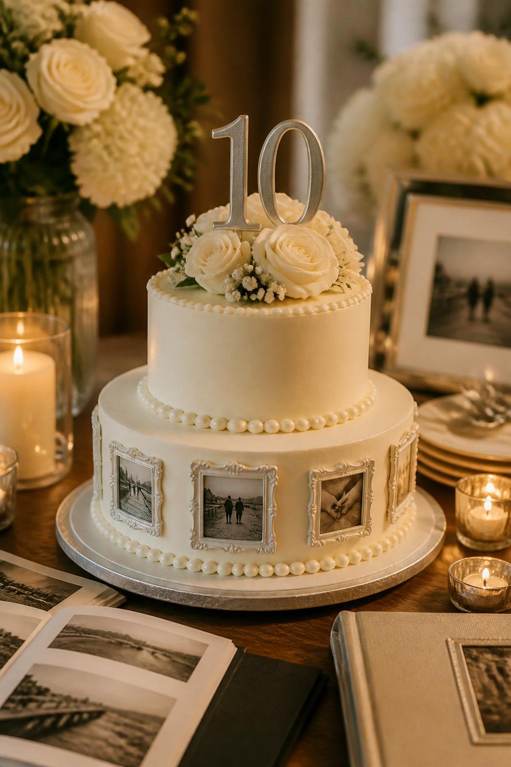 Image Prompt: A sentimental 10th anniversary cake with smooth ivory buttercream, small edible photo-frame-style details around the sides, pearl borders, soft white roses, and a silver “10” topper. Style it on a warm family dessert table with photo albums, candles, and neutral flowers. Make it tasteful, emotional, and realistic, with no clear visible faces in printed images, no people, no text overlay, no watermark. (no watermarks on images)